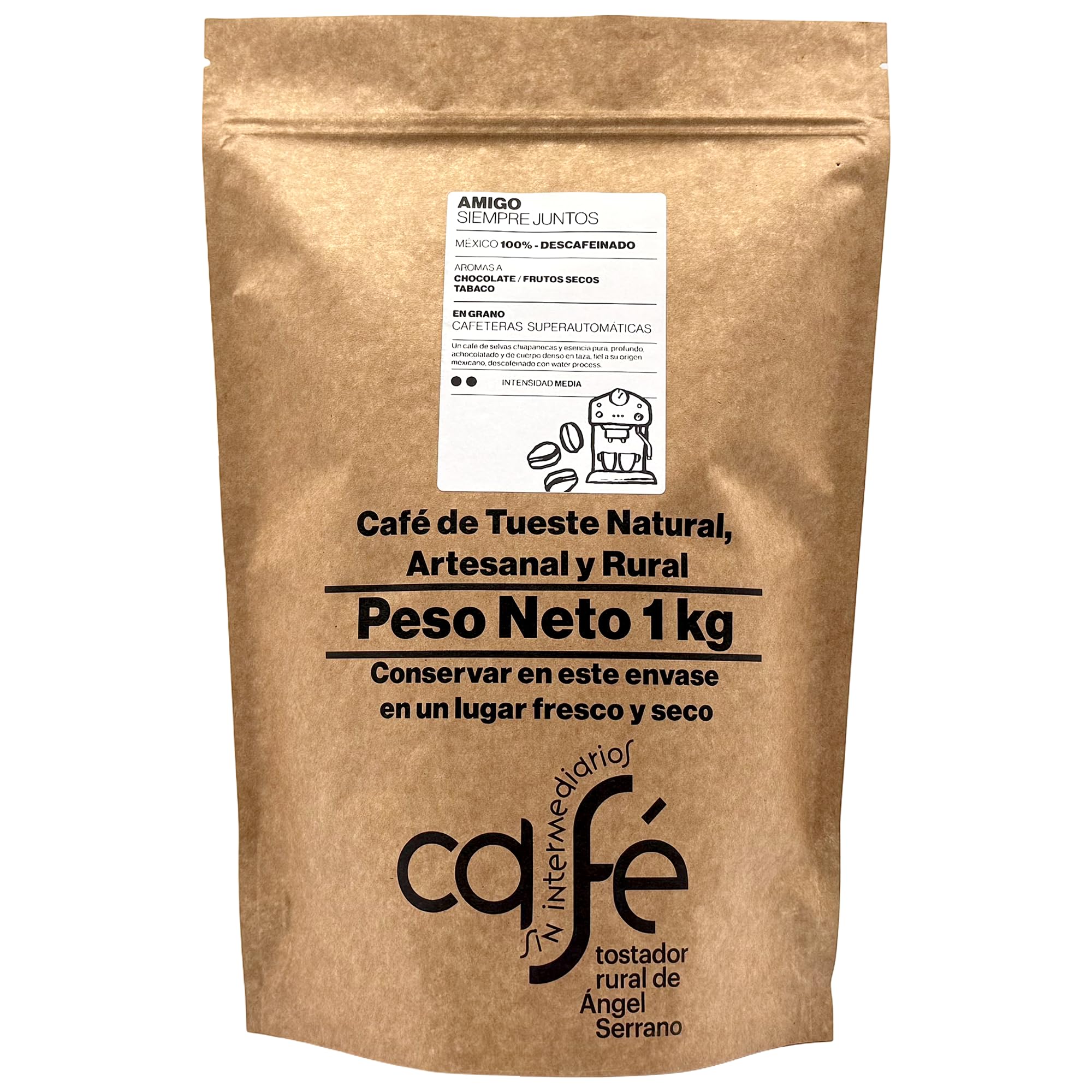 CAFÉ SIN INTERMEDIARIOS - 100% México - Amigo - DESCAFEINADO - Intensidad de sabor Media - Recién tostado y envasado - 1 kg en GRANO para cafeteras Superautomáticas