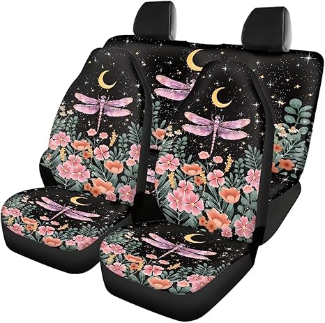 Dragonfly Moon Car Seat Cover Full Sets Breathable Cloth Fabric Automotive Seat Cover for Front and Back Seat Car Interior Accessories Easy to Install