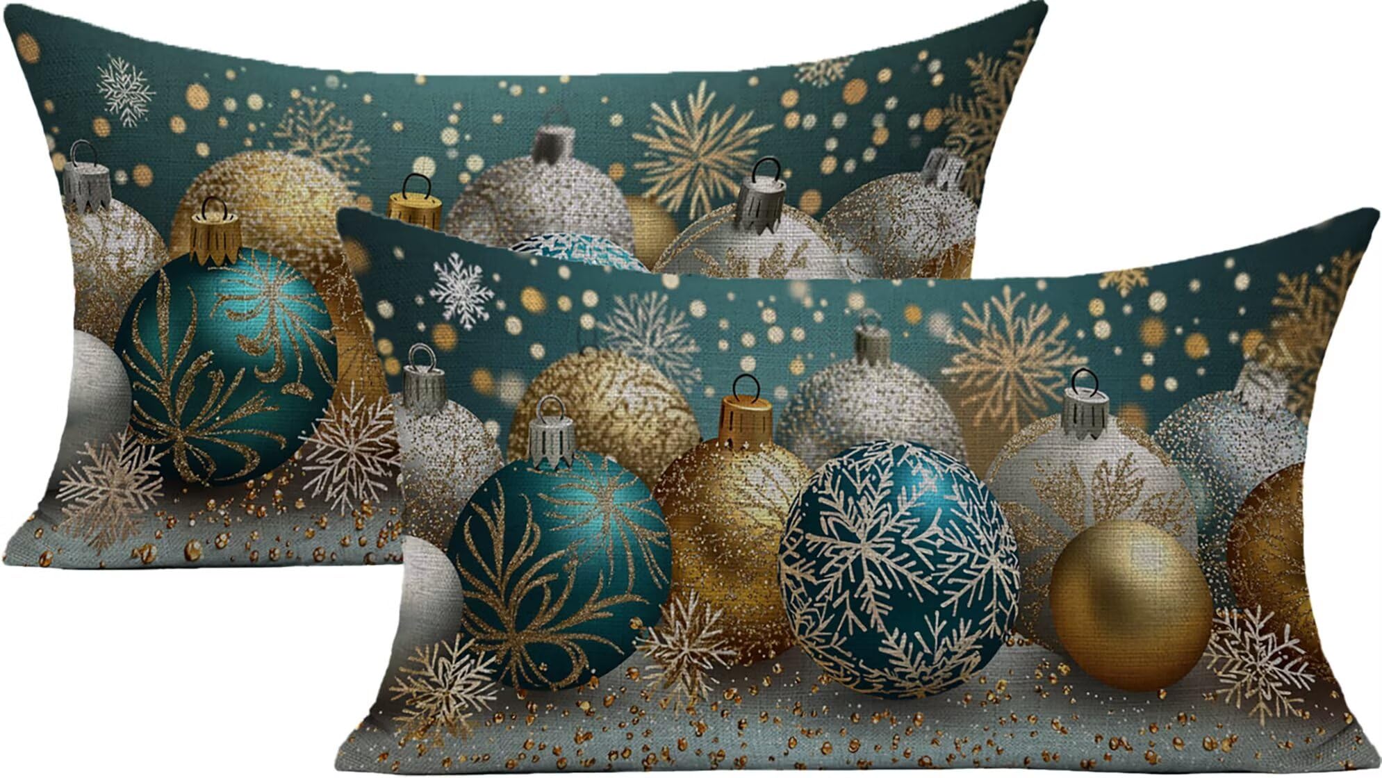 Housse de coussin extérieur imperméable 50x70cm bleu Noël lot de 2 en lin