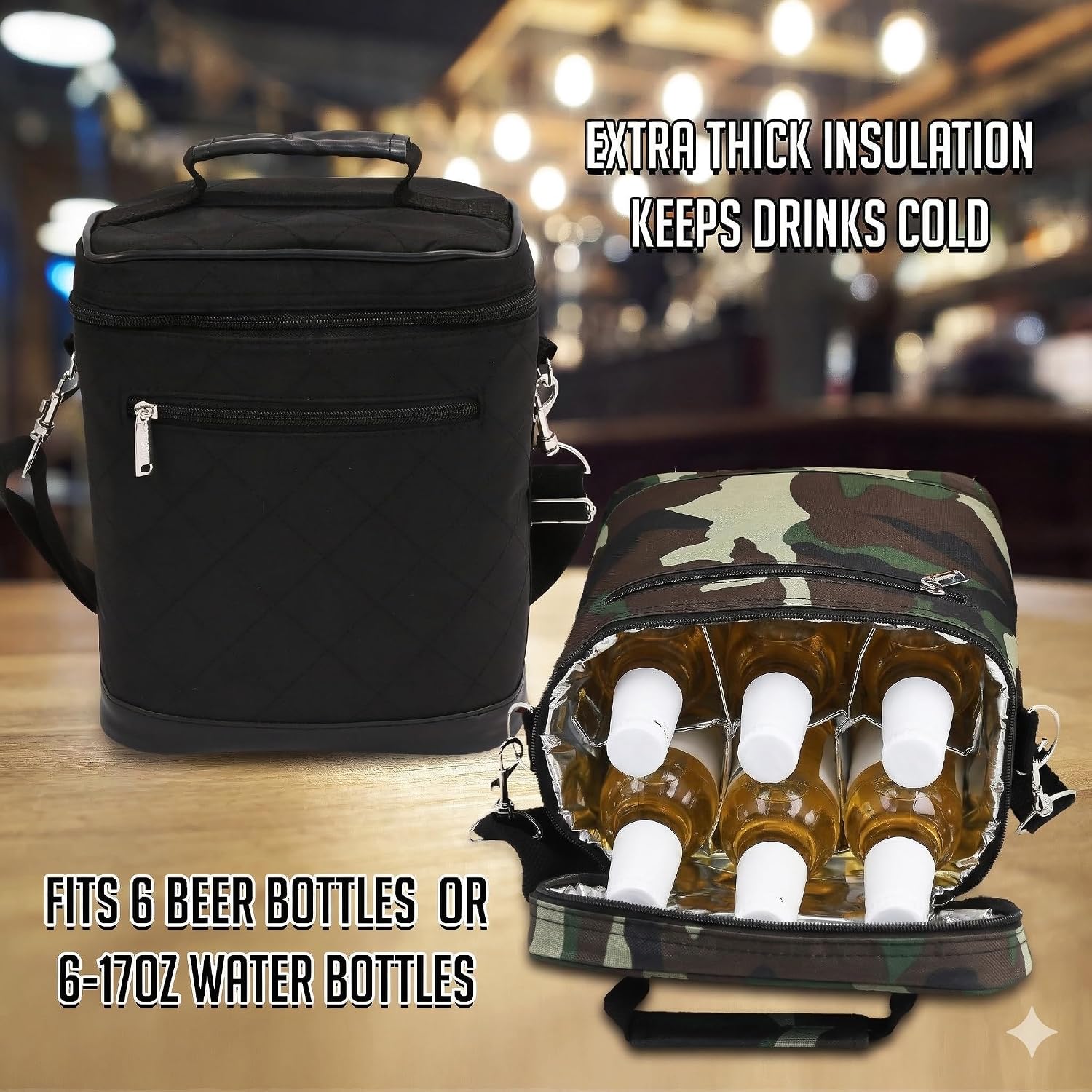 Primeware 6 Pack Bottle Beer Bag Extra Thick Insulation Keeps Drinks Cold Multi-Use for Water, Beer, Coffee or Any Other Beverage, BYOB & Barbecues (Black)
