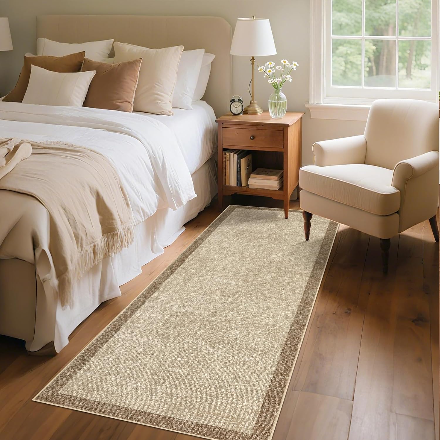 GarveeHome Washable Runner Rug 2x6, Geometric Non Slip Hallway Runner Rug for Entryway Kitchen Bedroom, Modern Bordered Low Pile Stain Resistant Throw Carpet for Laundry Bathroom, Taupe