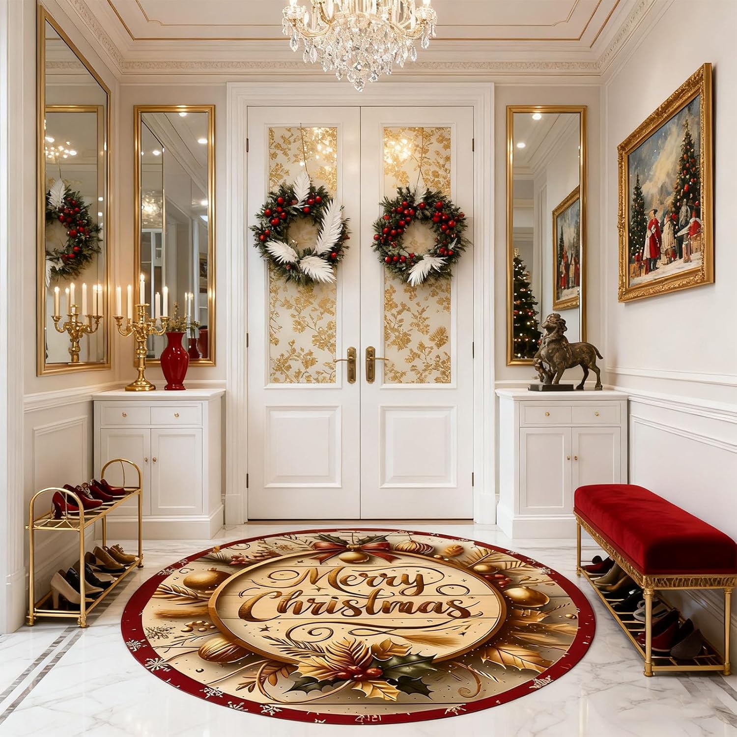 Washable Indoor Carpet,Round Christmas Rug No-Slip Backing,Round Area Rug Low Pile Soft for Bathroom Bedside Living Room Resistant Holiday Decor,G,50×50cm/19.7×19.7"/1.6'