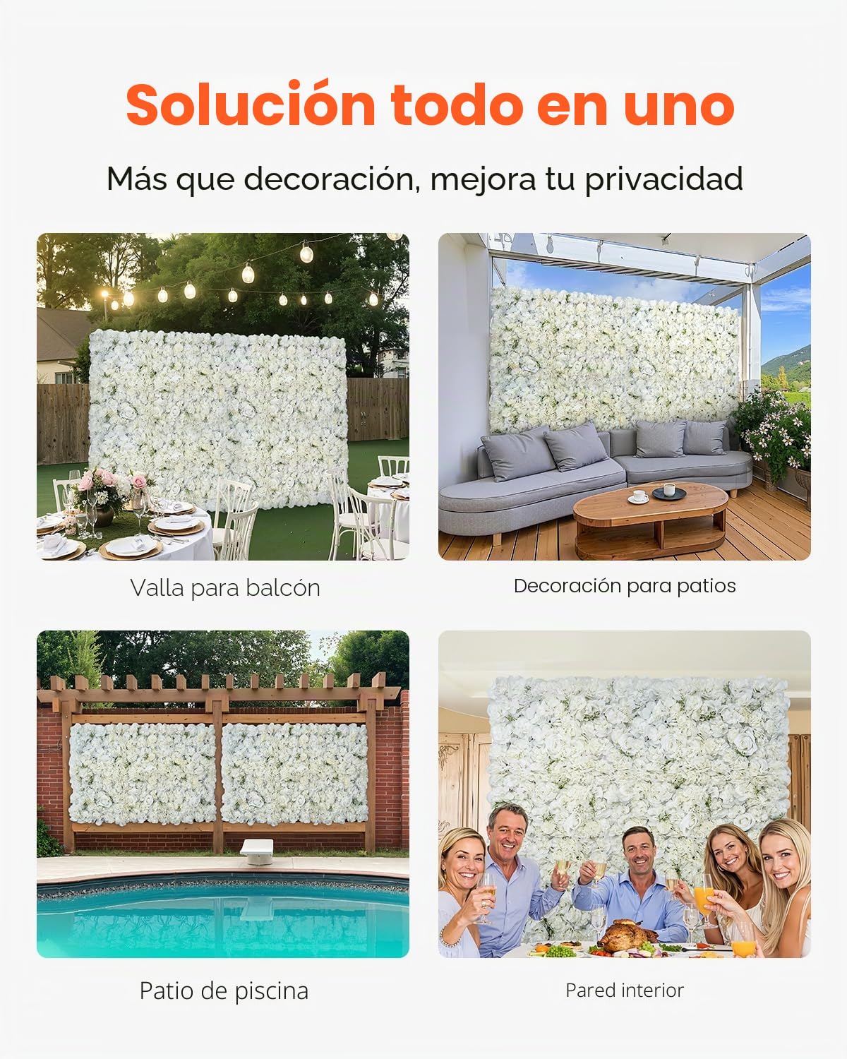 VEVOR Panel 3D de Flores Artificial para Pared 24 Piezas 38 x 38 cm Fondo de Pared con Flores Artificiales sin Costuras Instalación Fácil para Bodas, Hogar, Jardín, Fiestas, Decoración, Blanco
