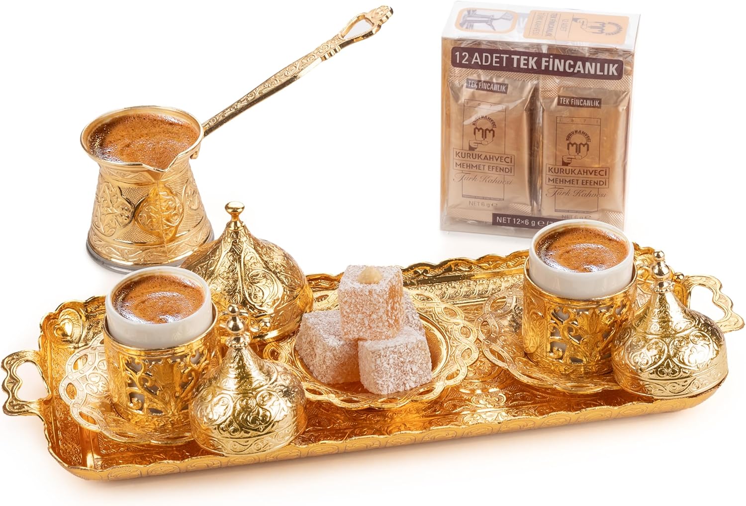 Alisveristime Premium Turkish Coffee Set - 12-Person Turkish Coffee, Cezve, 2-Person Cups, Delight Bowl, and Tray (4 Colors) (Gold)