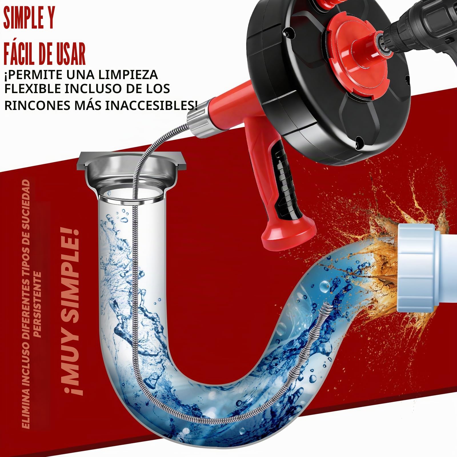 XIIW Desatascador tuberías 9,5m espiral flexible con adaptador - 2-en-1 manual y eléctrico - kit profesional limpiador de desagües - limpieza de tuberías para baño, cocina y balcón | Desatascador de desagües en espiral, desagües obstruidos, respetuoso con