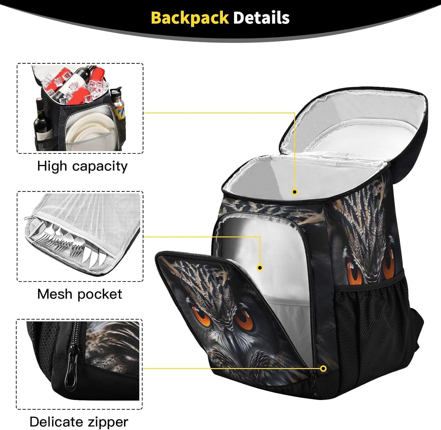 Owl Red Eyes Cooler Backpack 36 Cans Leakproof Waterproof Backpack Cooler Bag Beach Accessories for Women and Men Travel Camping Fishing Backpack