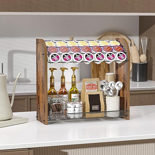 Vista 30 de Organizador de cápsulas de café K para accesorios de barra de café, soportes para tazas K para encimera, soporte de tazas K de gran capacidad, Bambú