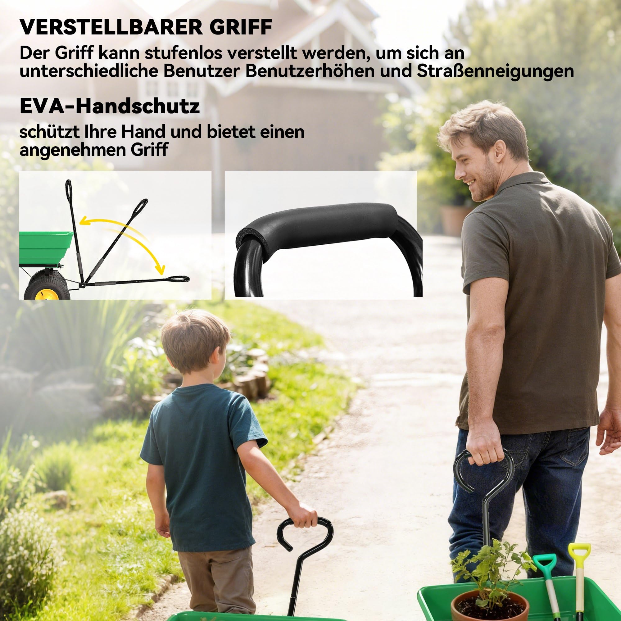 Outsunny Gartenwagen mit Kippfunktion Ziehgriff bis 200 kg Dunkelgrün | Handwagen, 75 Liter Kunststoffwanne, Luftbereifung, Bollerwagen Transportwagen Gartenkarre Dumper, für Gartenarbeit Rasen