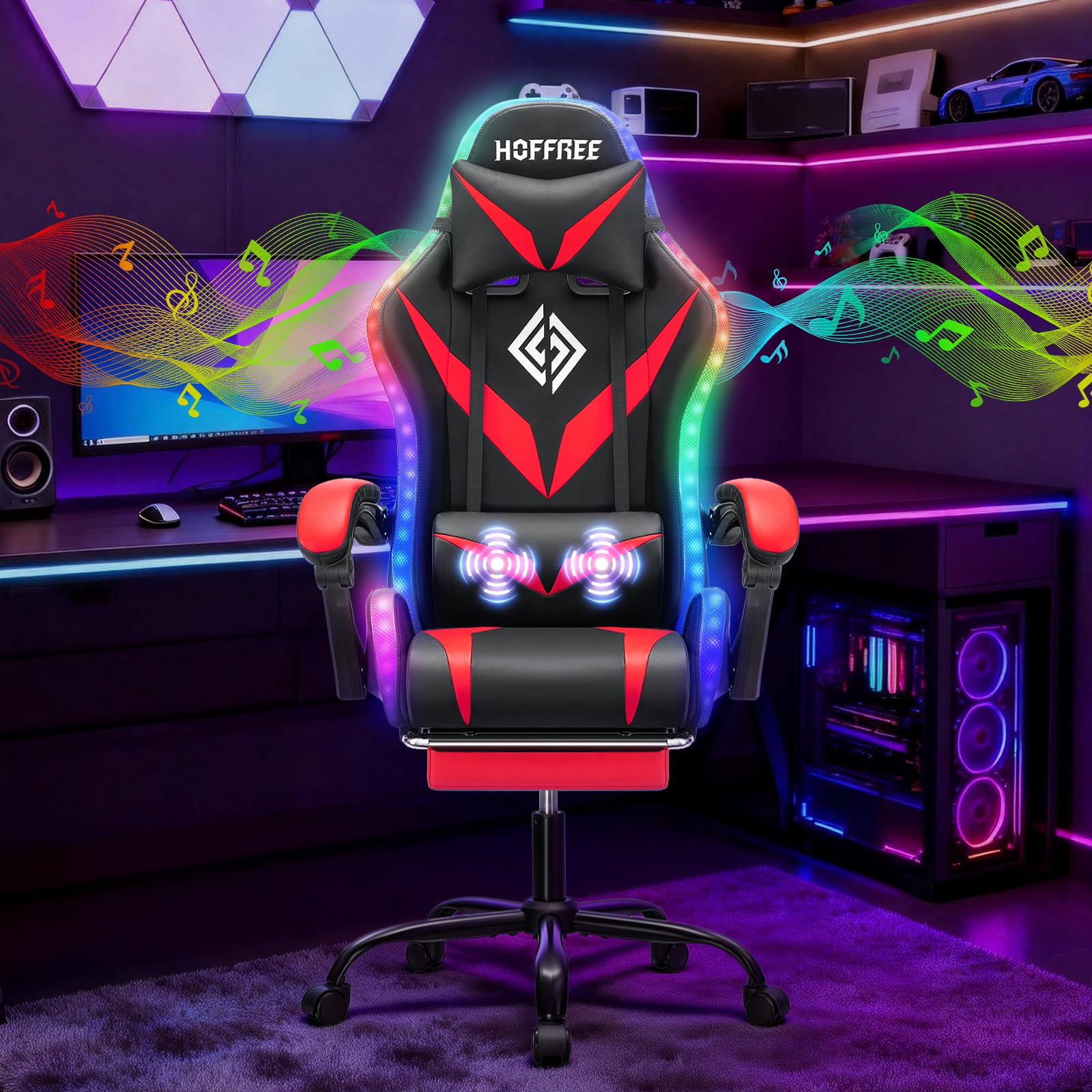 Hoffree HOFFREE Gaming Chair Massage with Bluetooth Speakers and Led Lights Ergonomic Computer Gaming Chair with Footrest RGB Video Game Chair with High Back Lumbar Support Red and Black