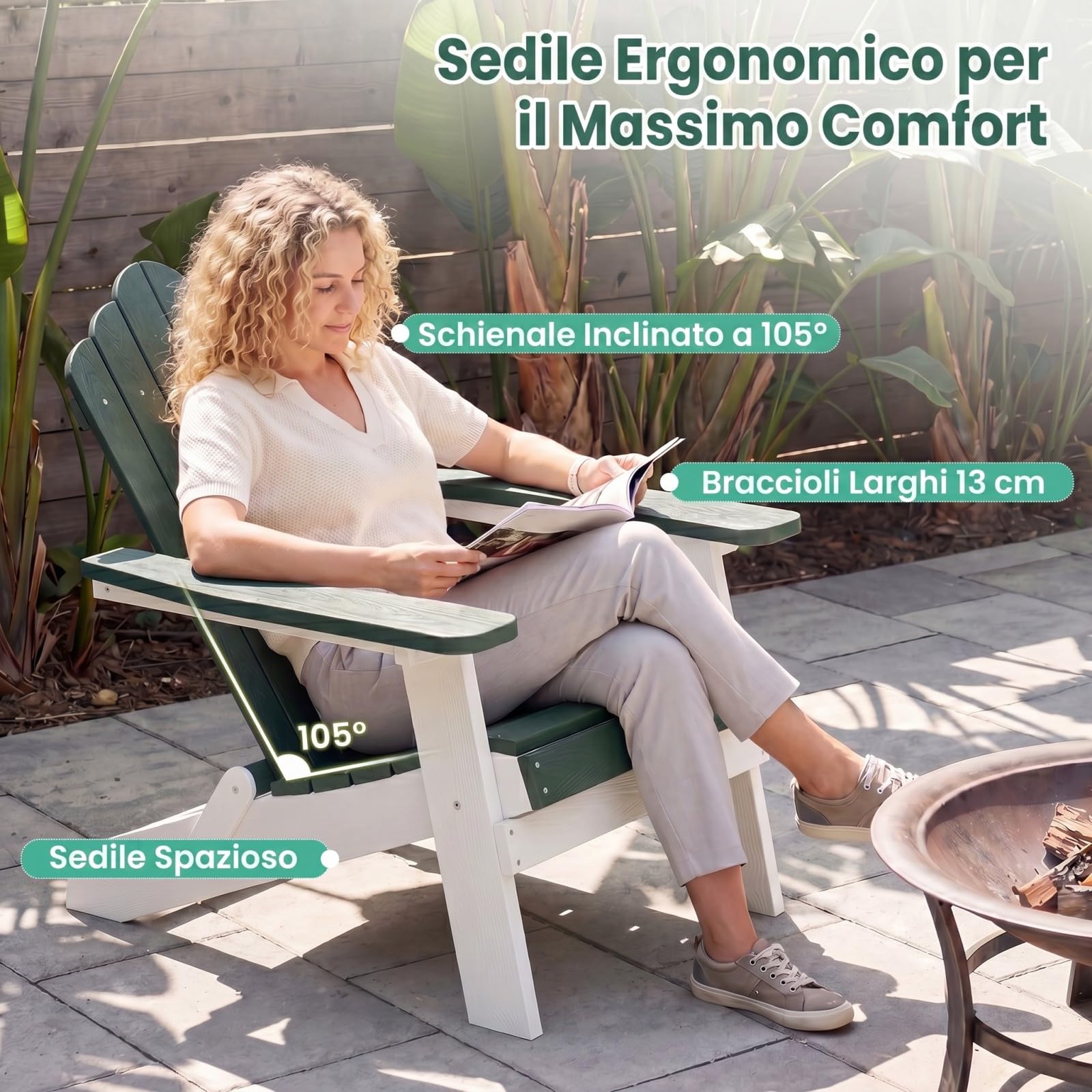 COSTWAY Sedia Adirondack Pieghevole da Giardino, Sedia da Patio in HIPS con Braccioli Larghi e Schienale Inclinato, Poltrona in Legno, per Giardino Cortile, Portata 180 kg (1, Verde+Bianco)