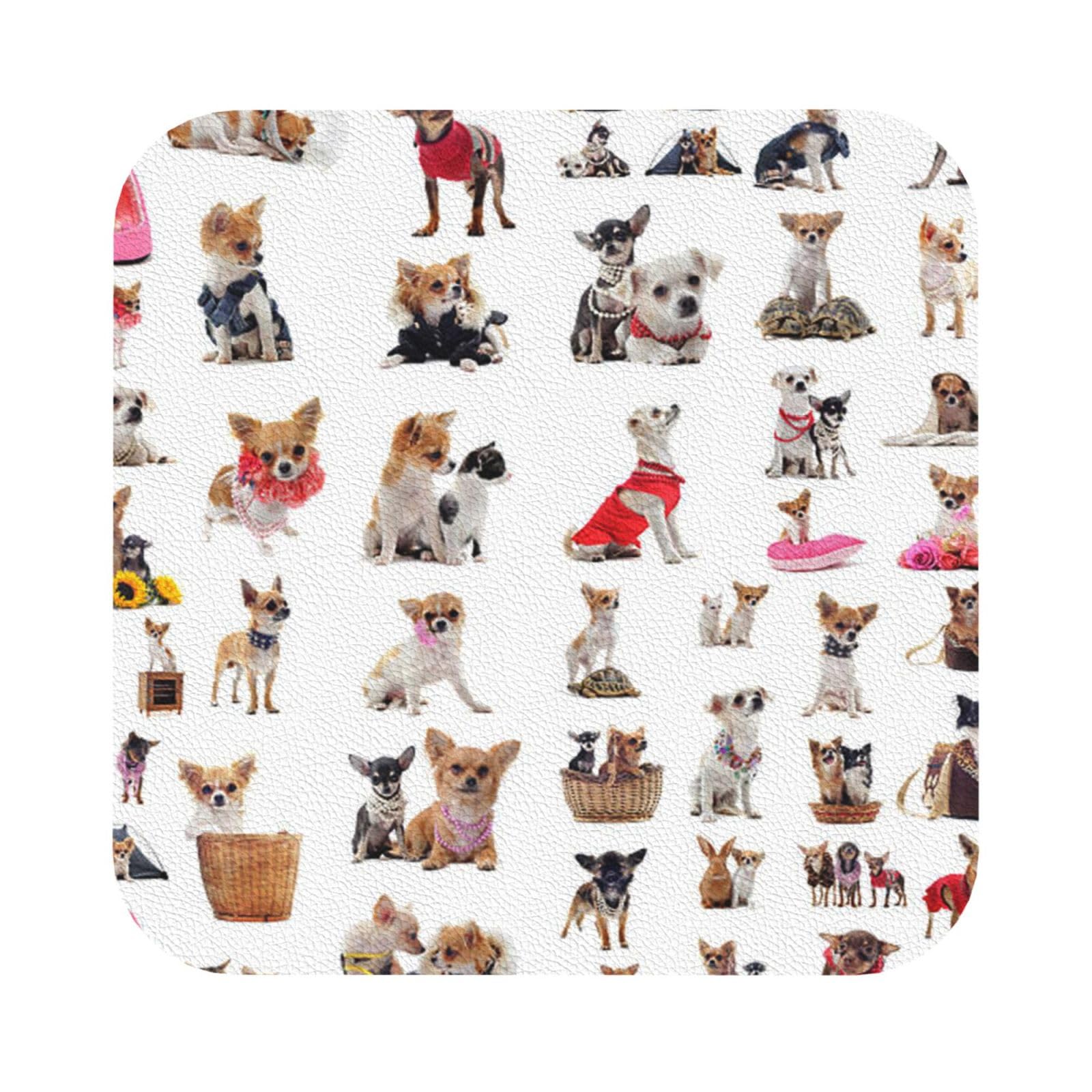 Cute Chihuahua Pug Pattern PU Leather Coasters Set of 6 Square Drink Coasters