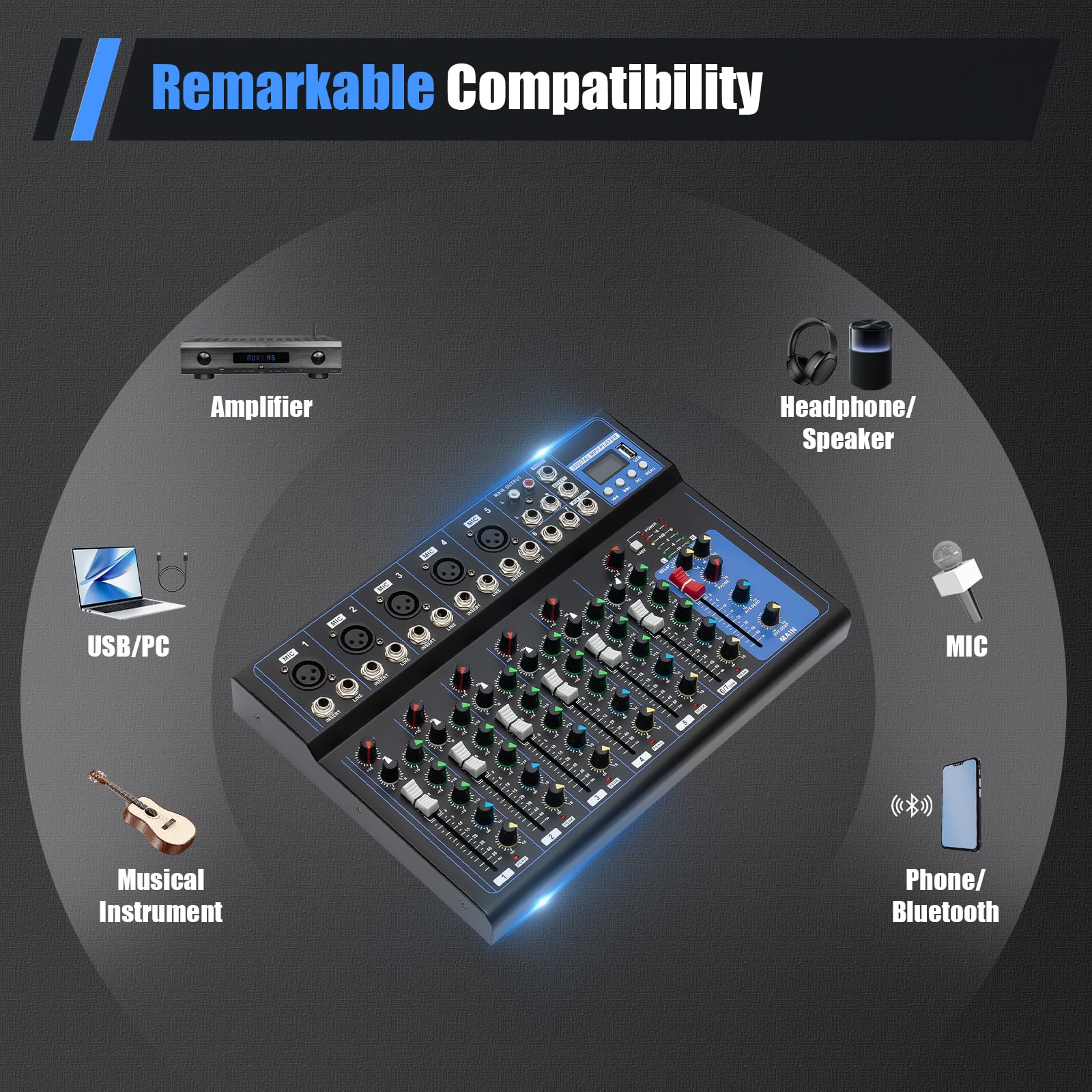 Mezclador de audio Bluetooth de 7 canales, mezclador de DJ, mezclador de audio y USB, 2 entradas de micrófono, puerto USB, para micrófonos, guitarras, bajos, teclados, mezcladores, instrumentos, etc