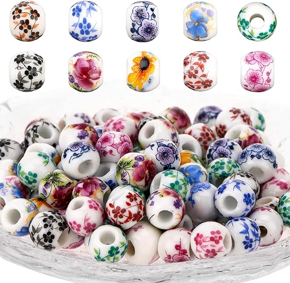 Ceramic Beads, 100 Pcs Round Porcelain Beads 8 mm Multicolor Flower Printed Spacer Beads Handmade Porcelain Craft Beading Kit for Jewelry Making Supplies DIY Crafts Bracelets Necklace