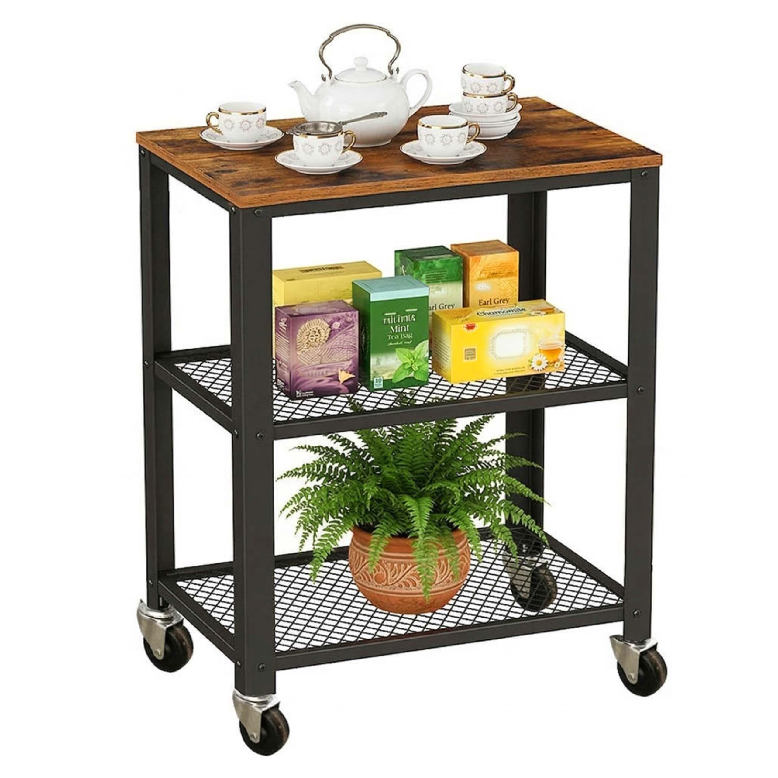 Relaxdays Desserte 3 Niveaux Aspect Bois à roulettes, Cuisine/Maison/Bureau, H×L×P 77,5×60×40 cm métal Brun-Noir