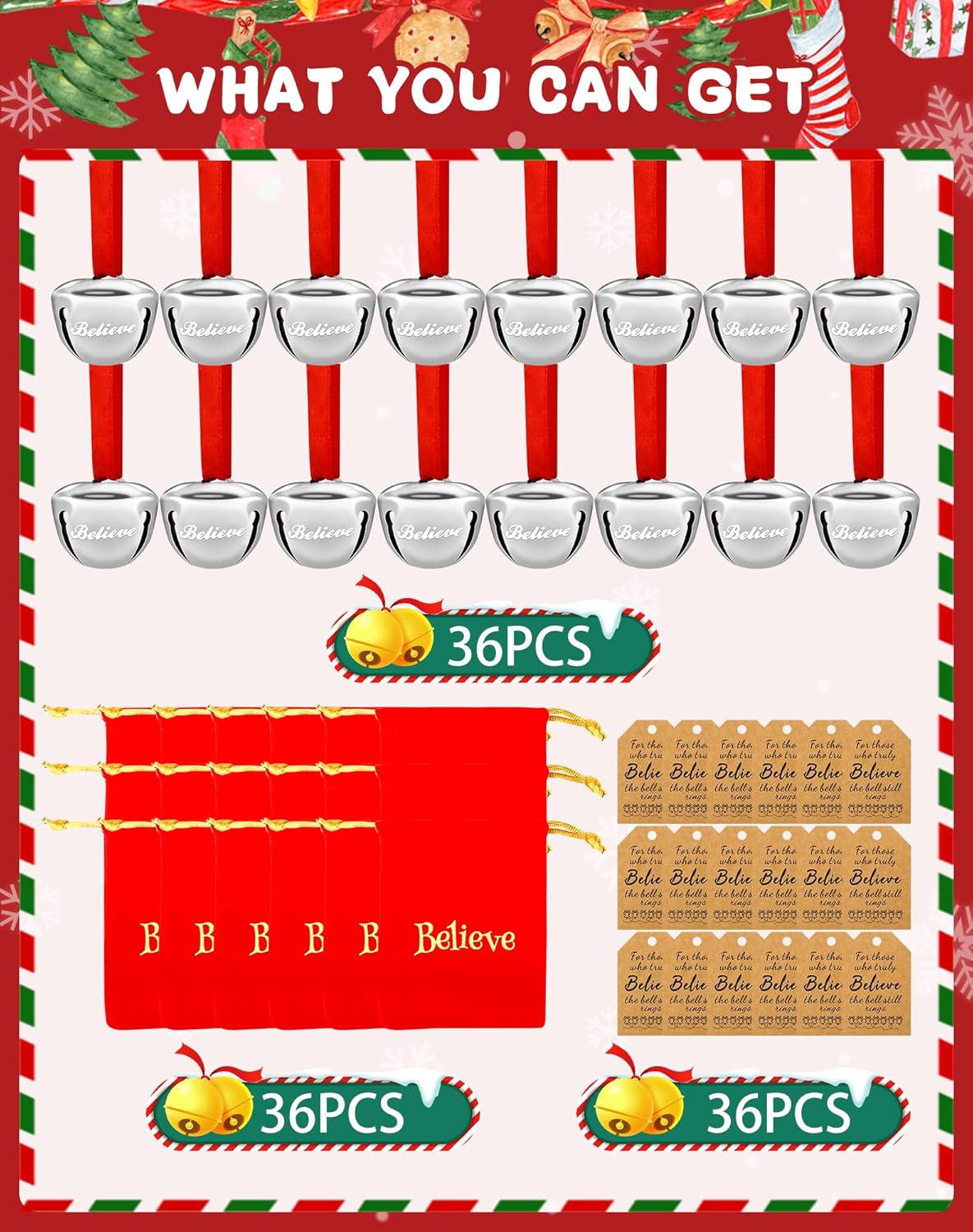 36PCS Christmas Believe Bell Ornaments, Polar Express Bell, Silver Sleigh Bell Christmas Party School Classroom Indoor Outdoor Decor Supplies(36)