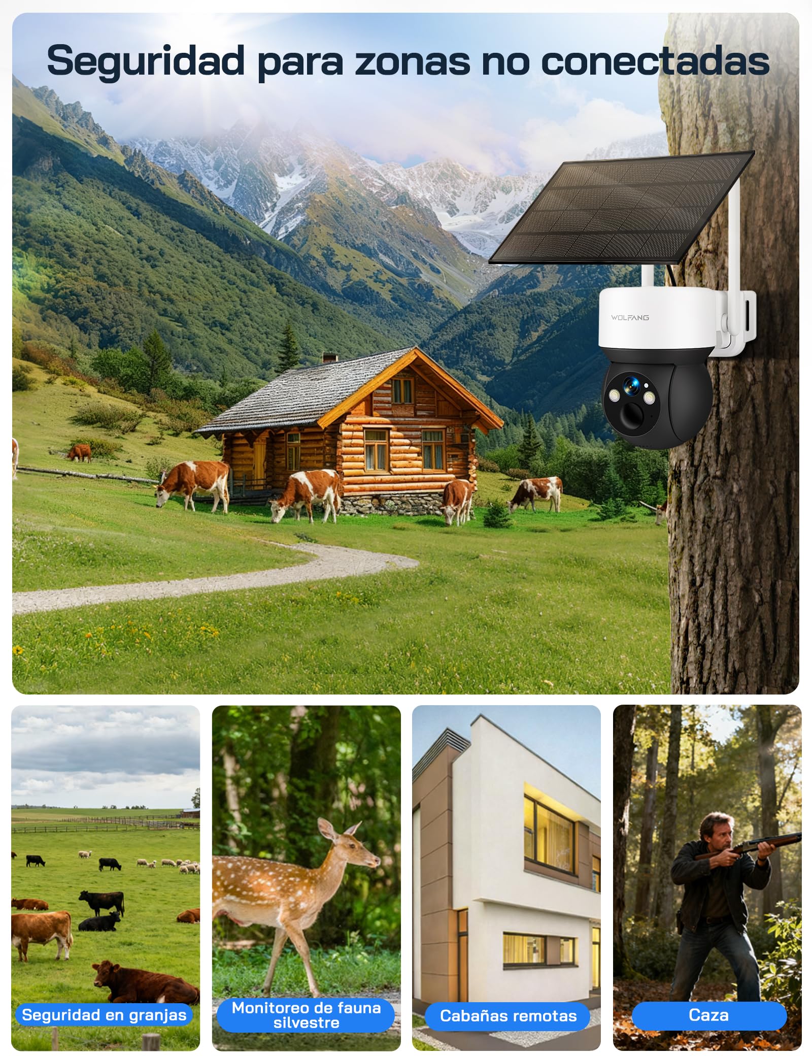 WOLFANG Cámara Vigilancia Exterior Solar 4G con Tarjeta SIM, Cámara De Vigilancia Exterior, 2K HD, Visión Nocturna con Foco, Audio Bidireccional, Movimiento PIR, Grabación Local, Tarjeta microSD 32 GB