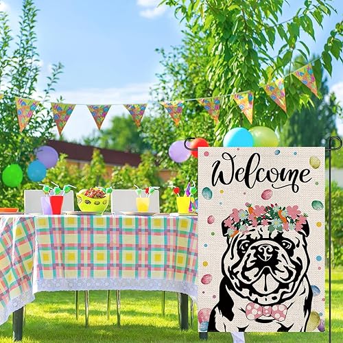 Miniatura 5 de Bandera de Pascua para jardín, huevo de Pascua, bulldog inglés, banderas de doble cara para exteriores, flores de bienvenida, decoración de patio al