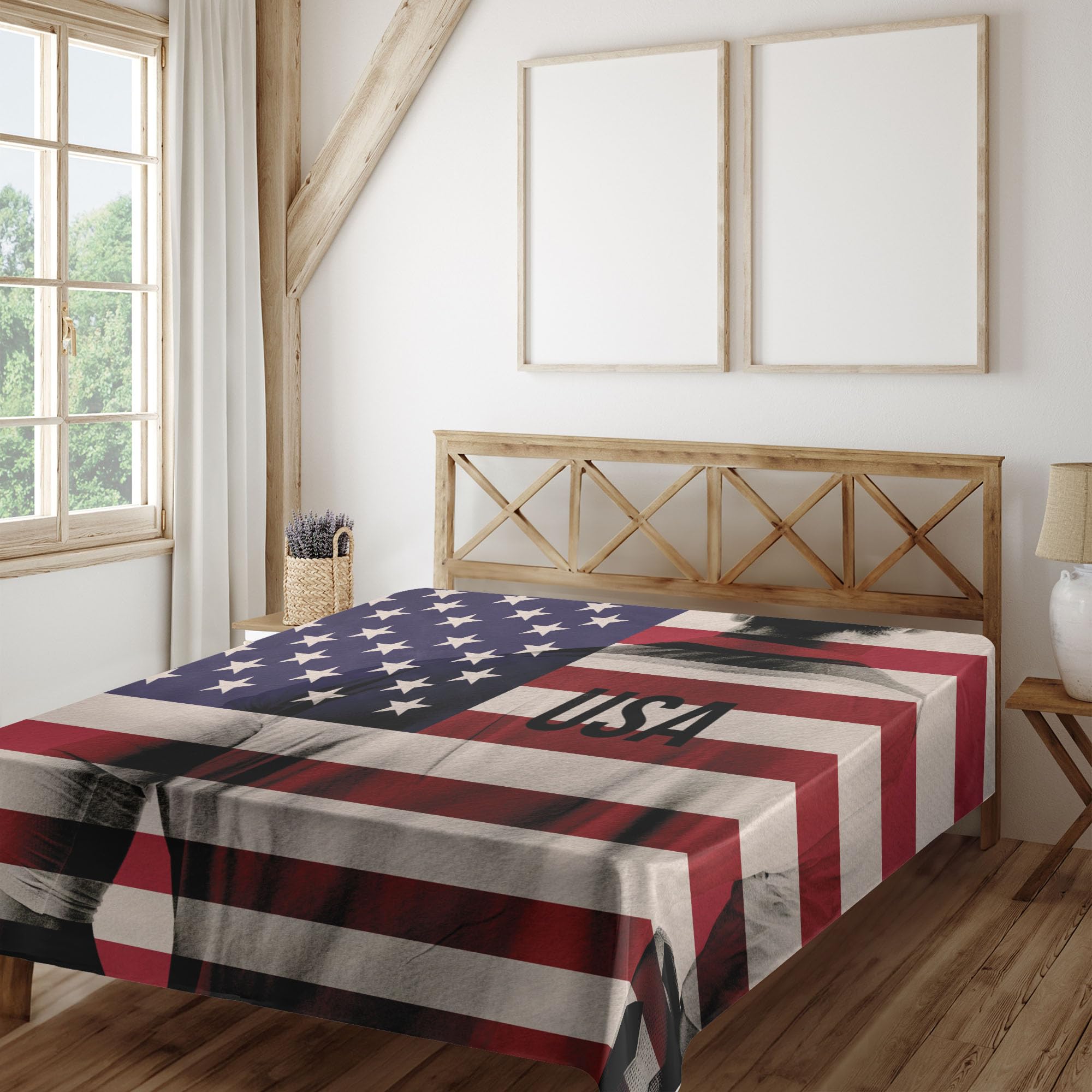 Ambesonne Soccer Flat Sheet, Composite Double Exposure Image of a Soccer Player and American Flag USA Run, Soft Comfortable Top Sheet Decorative Bedding 1 Piece, California King, Beige Blue Red