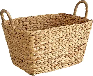 Vomcraft ウォーターヒヤシンス バスケット 荷物置き ランドリー 収納かご 持ち手付き 45×32×H24/32cm WHA-100 | 天然ウォーターヒヤシンスを手編みした大容量の長方形かご。ランドリー、バッグ置き、おもちゃ・衣類・小物収納に。カフェやレストラン、玄関、リビングにもなじむナチュラル収納。