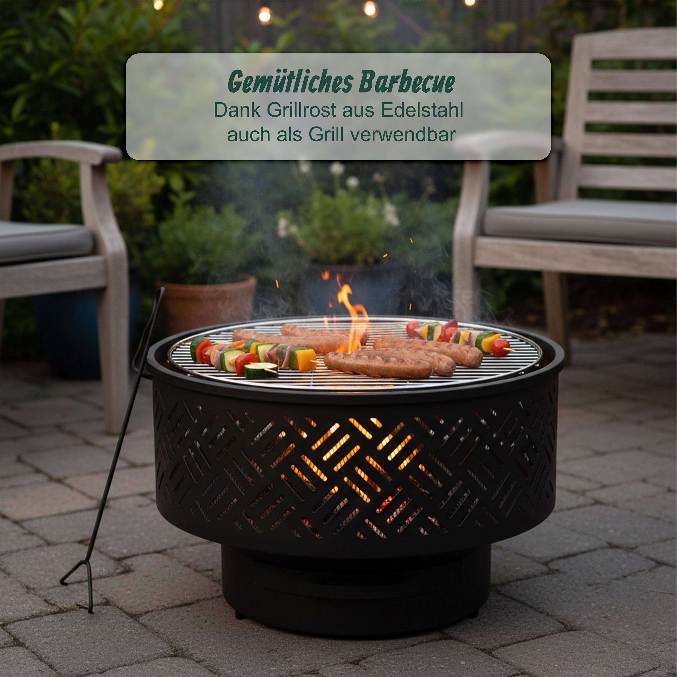 Relaxdays Feuerschale, Ø 66 cm, mit Grillrost, Deckel, Schürhaken & wasserdichter Abdeckung, Feuerstelle, schwarz/Natur