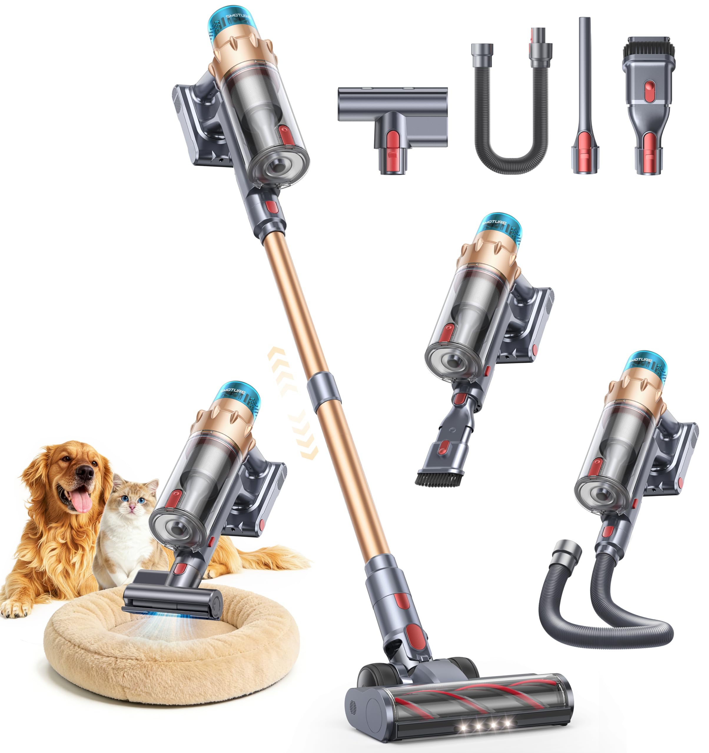 Aspiradora sin Cable 55KPa/650W/70Min(ECO), Aspiradora Escoba Vertical Potente con Cepillo para Colchón, Manguera 1M, Cepillo Anti-Enredo con Luz, Modo Automático, Carga Pared, Coche/Suelos/Alfombras
