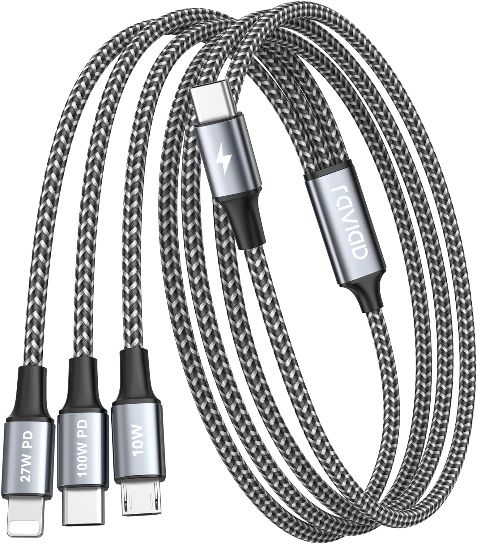 RAVIAD 100W USB C Multi Charger Cable [1.2M] 3 in 1 Fast Charging Cable with E-Mark Chip, USB C PD [100W]+Lightning[27W]+Micro[10W] for Galaxy S24/S23, iPhone 15/14/13, MacBook Pro/Air, Pad Pro/Air