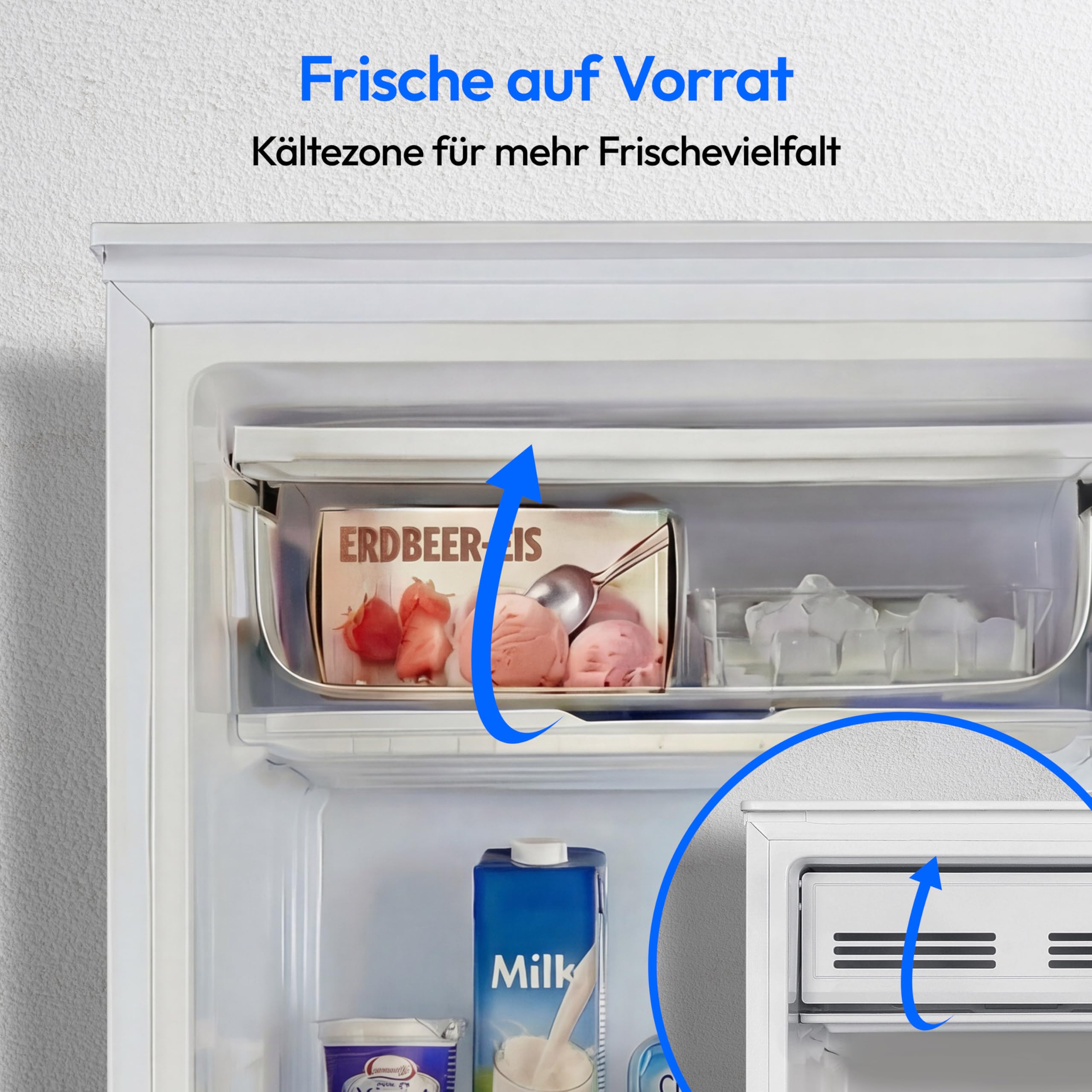 MEDION Kühlschrank mit Eiswürfelfach (90L Gesamt-Nutzinhalt 80L Kühlteil 10L Eiswürfelfach, transparente Gemüseschublade, freistehend, wechselbarer Türanschlag, höhenverstellbare Füße, MD37690)