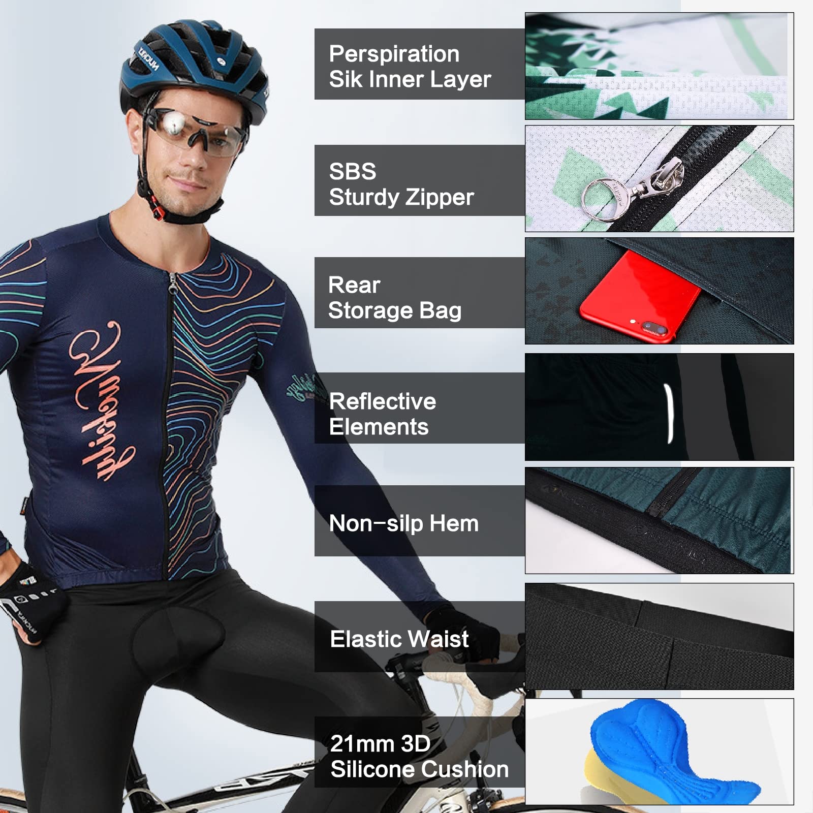 Herren Radtrikot Set, Rennrad Fahrrad Trikot Langarm, Atmungsaktiv Schnelltrocknend Fahrradbekleidung Skinsuit für Fahrrad Rennrad MTB,A,L