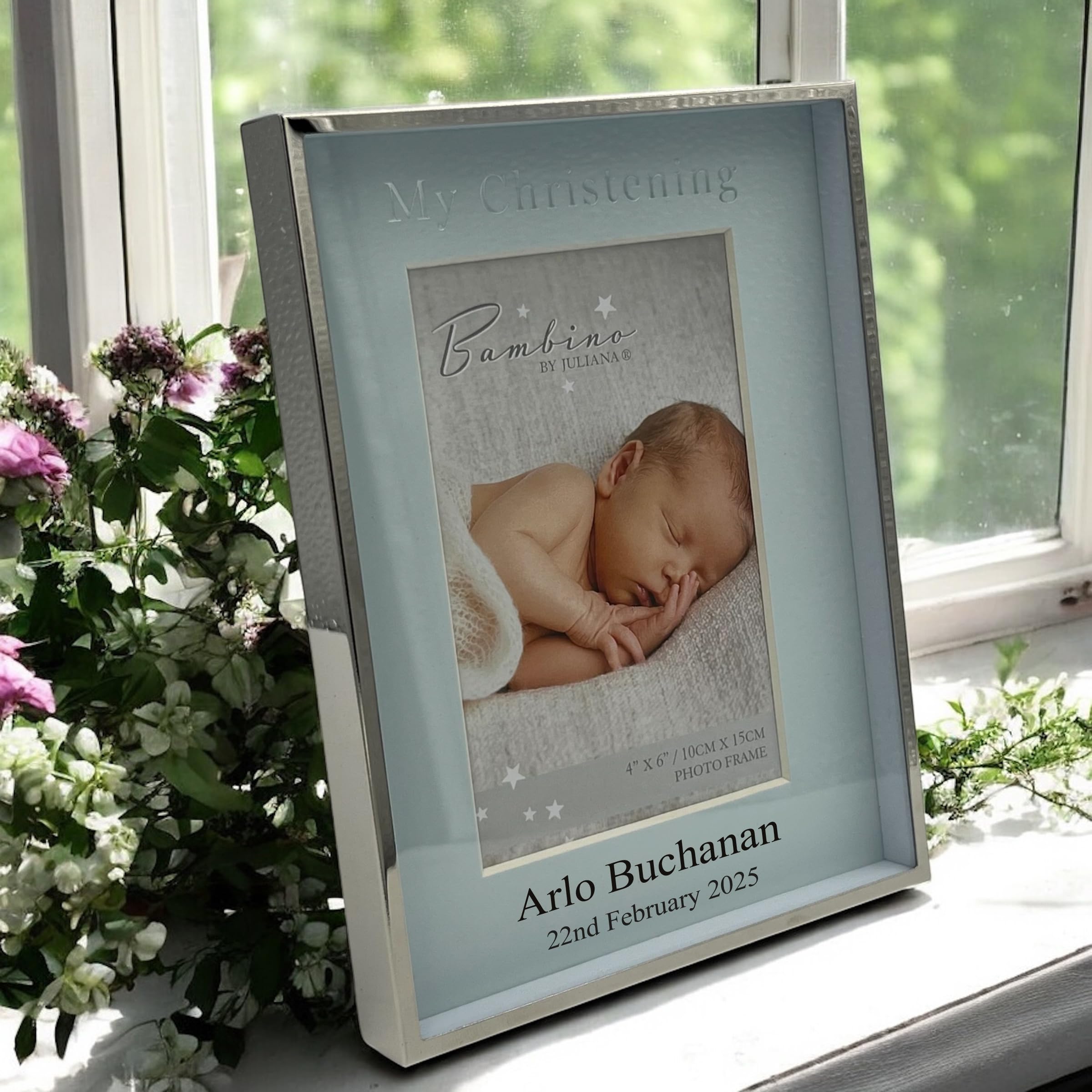 Personalised Christening Day Photo Frame, 10.2 cm x 15.2 cm, Silver with Blue Mount