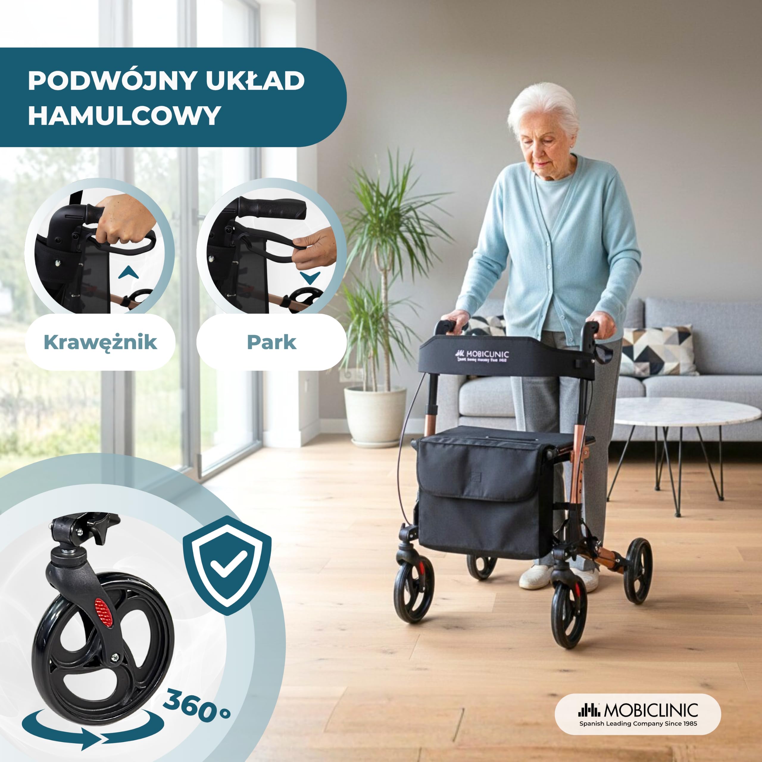 Mobiclinic®, Chodzik Składany, Siedzisko i Oparcie, do 136 kg, Różowe Złoto, Regulowana Wysokość, Kosz do Przechowywania, Uchwyt na Laskę, Hamulce i Blokada Bezpieczeństwa, Aluminium, Trajano