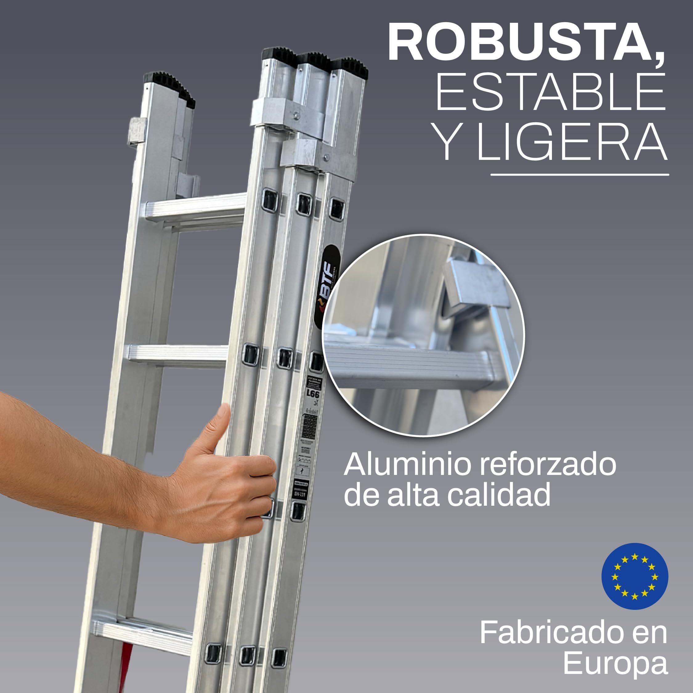 BTF Escalera de Mano Triple de Aluminio 3x9 Peldaños, Escalera Transformable y Extensible de 5,6m para Uso Doméstico, Barra Estabilizadora, Carga 150kg, Norma EN131