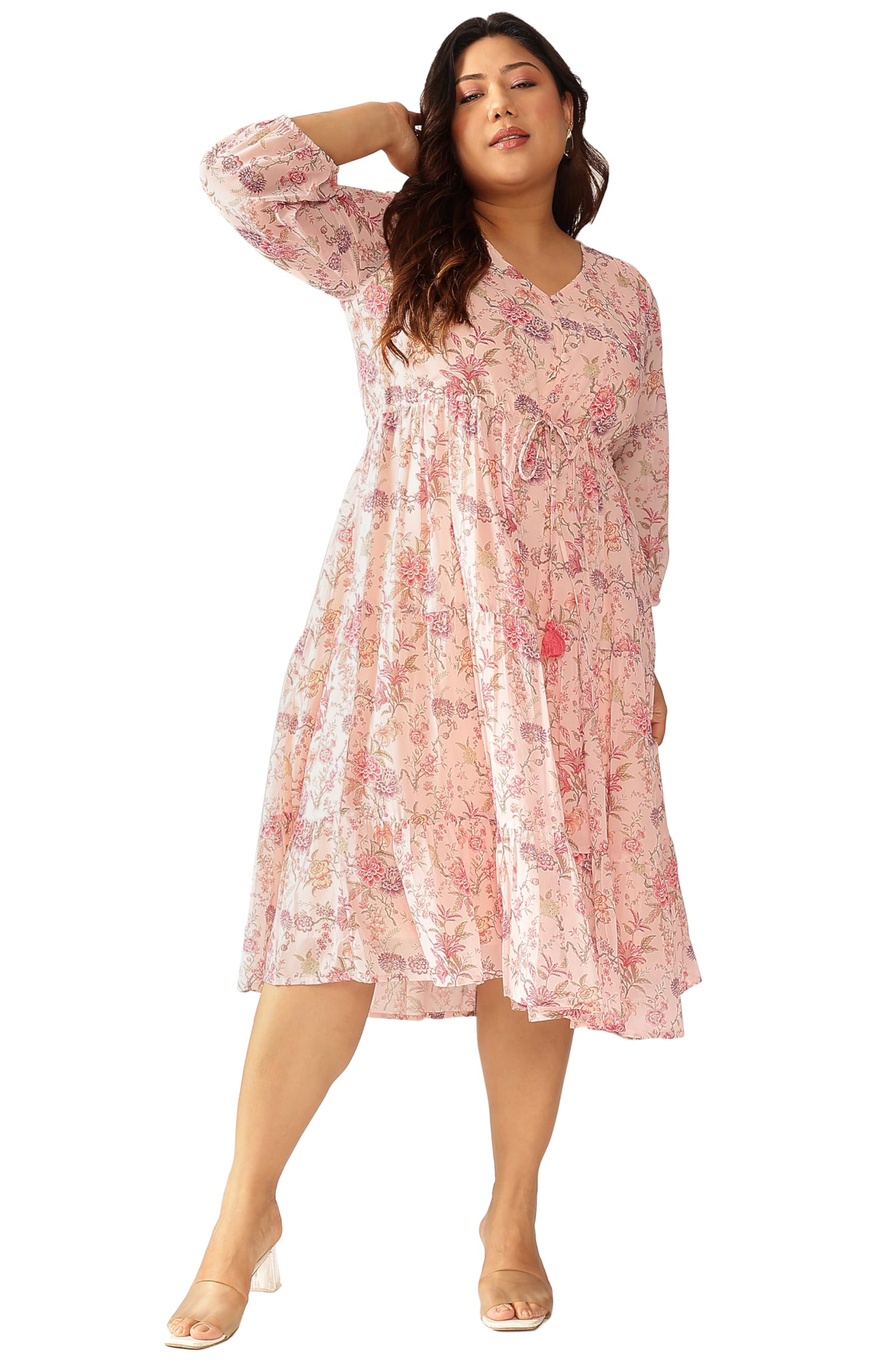 janasya Women's Plus Size Pink Georgette Floral Printed Tiered Dress-picture-29