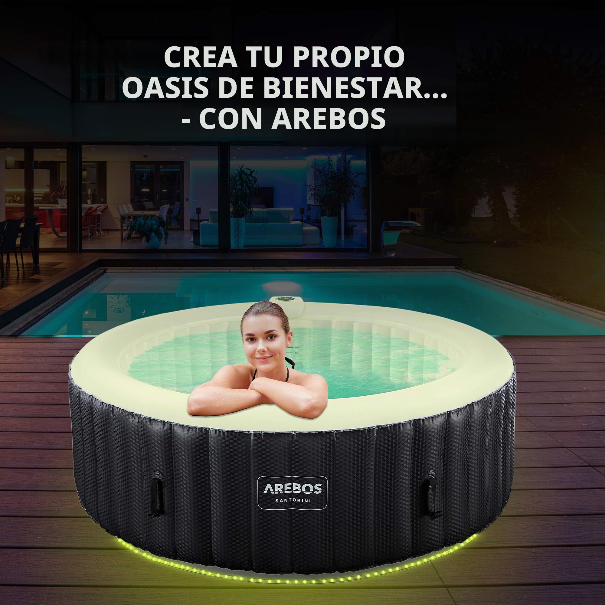 Arebos SPA Hinchable | Inflable automático | para Interior y Exterior | ⌀ 208 cm | 6 Personas | Banda Luminosa LED | 130 boquillas de Masaje | 1000 L | Incluye Cubierta | Bubble SPA & Wellness Masaje