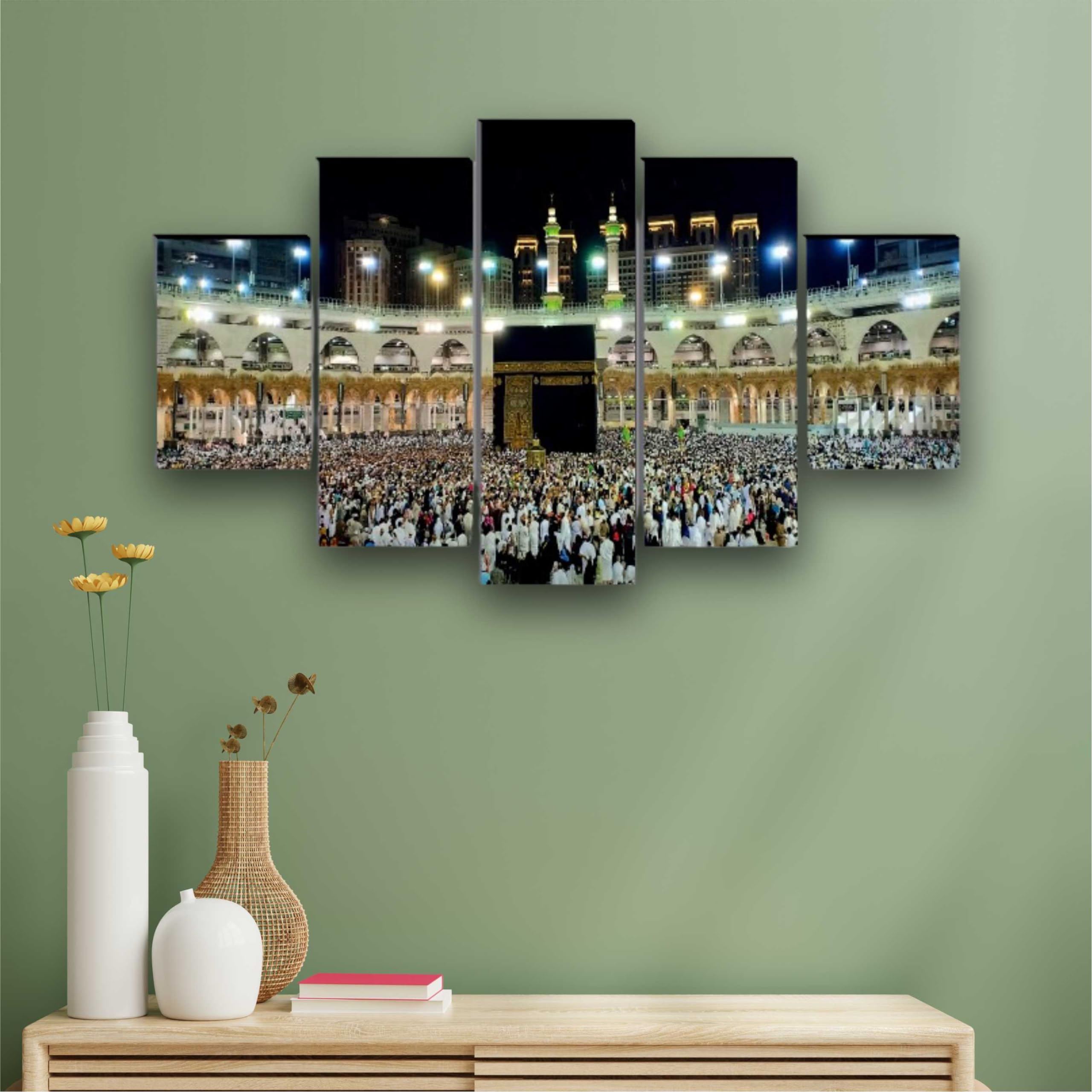 SAF Set of 5 Islamic Haz Makka madina Religious modern art Home decorative gift item Large Panel Painting 18 Inch x 30 inch SANFPNLS32284-Multicolour