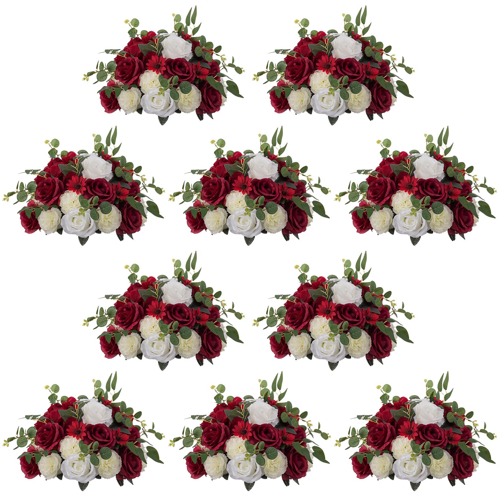 NUPTIO Flower Ball Arrangement Bouquet - 10 Pcs 13.8 inch Diam Crimson & White Fake Flowers Roses Balls for Centerpieces Tables - Artificial Rose Arrangements for Wedding Centerpiece Table Decoration
