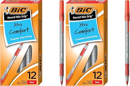 BIC Round Stic Grip Xtra Comfort - Bolígrafo de punta media (0.047 pulgadas), rojo, 12 unidades (paquete de 2)