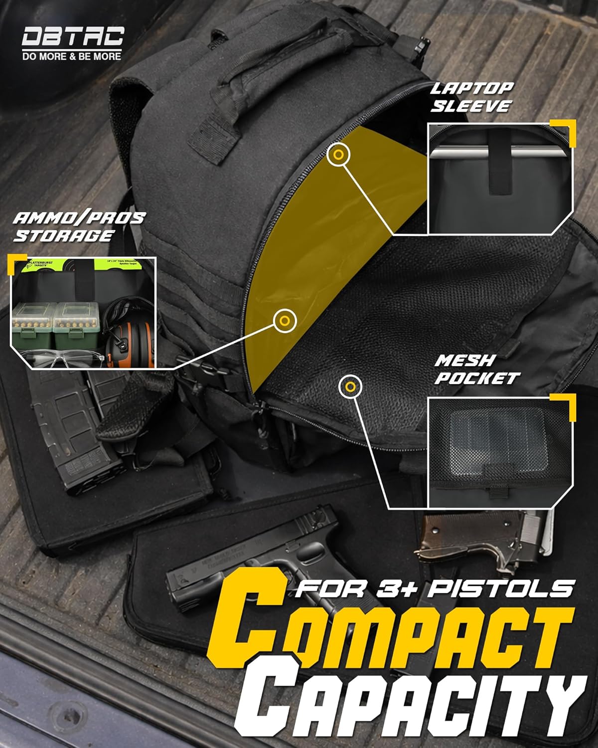 DBTAC Tactical Range Pistol Backpack for Gun and Ammo with 3x Stiffen Pistol Cases