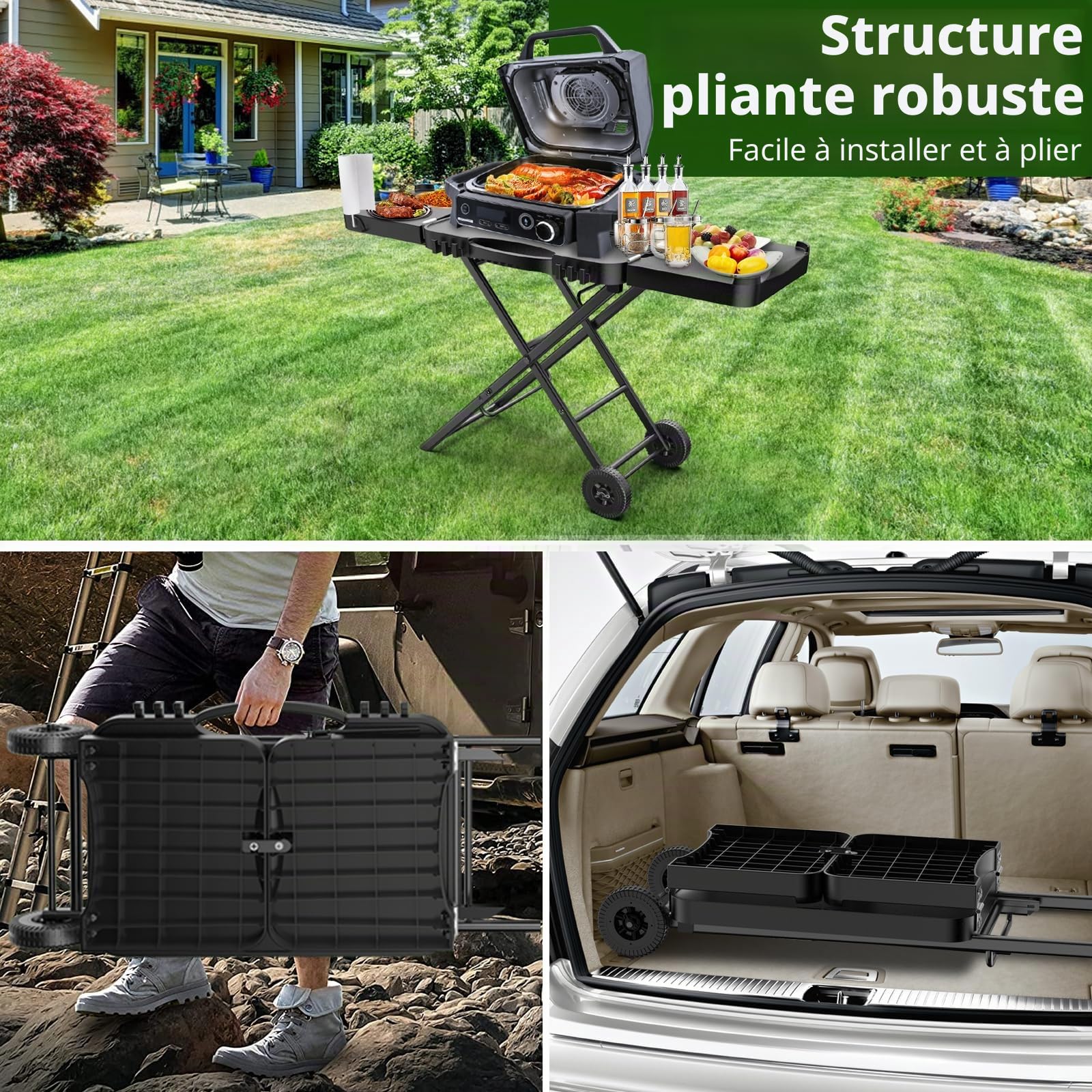Chariot de barbecue pliable, chariot de cuisine extérieur mobile avec plan de travail en acier inoxydable, roues, 2 étagères et 6 crochets, compatible avec Ninja Woodfire, Weber Q, Blackstone