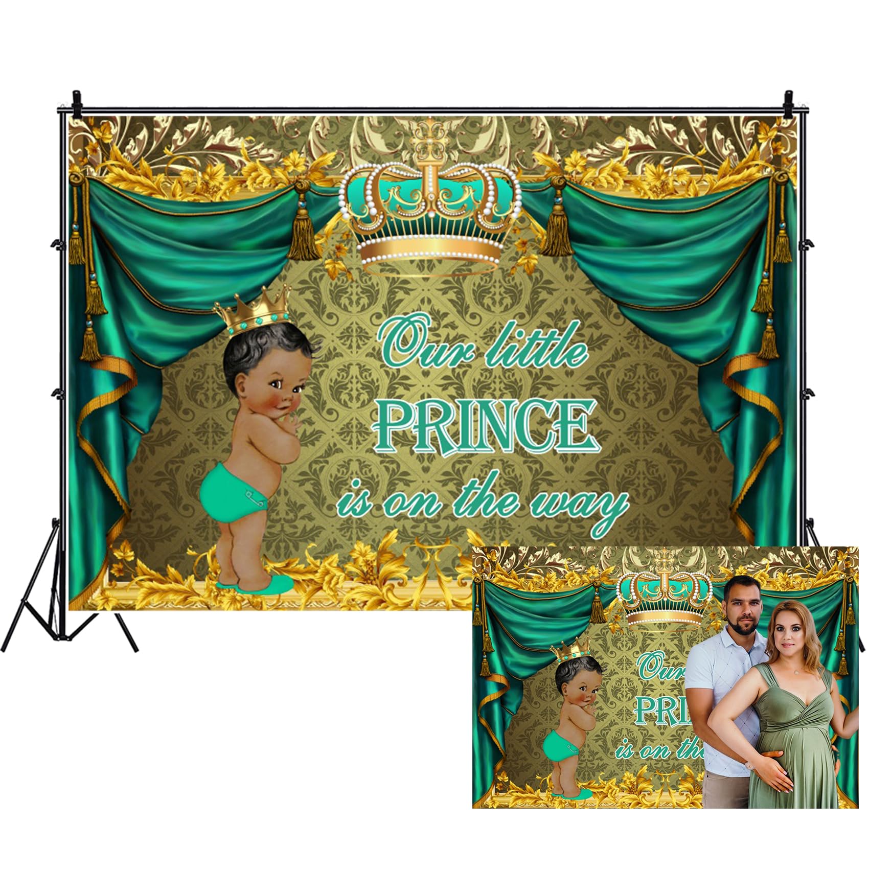 Renaiss 7x5ft Royal Prince Baby Shower Backdrop Ethnic Little Prince Gold Grown Our Little Prince is On The Way Green Curtain Photography Background