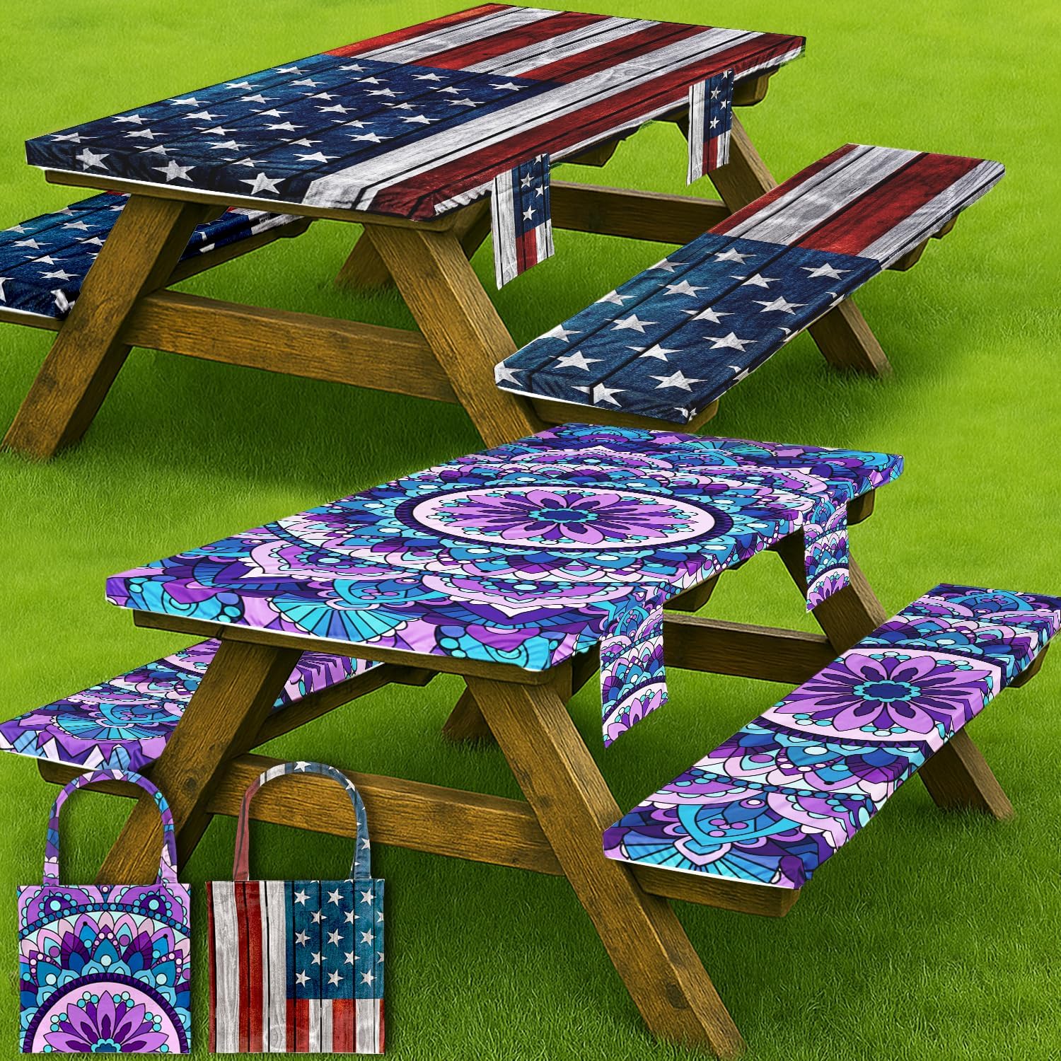 2 Set Fitted Picnic Table Cover with Bench Covers Waterproof Elastic Edges Patio Tablecloth Outdoor Camping Essentials Stuff Gear Rv Accessories Summer Trip Travel Supplies Party Camper Gifts 6 ft