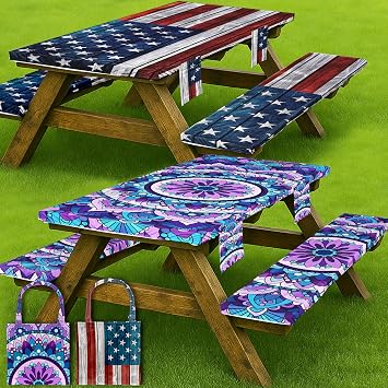 2 Set Fitted Picnic Table Cover with Bench Covers Waterproof Elastic Edges Patio Tablecloth Outdoor Camping Essentials Stuff Gear Rv Accessories Summer Trip Travel Supplies Party Camper Gifts 6 ft