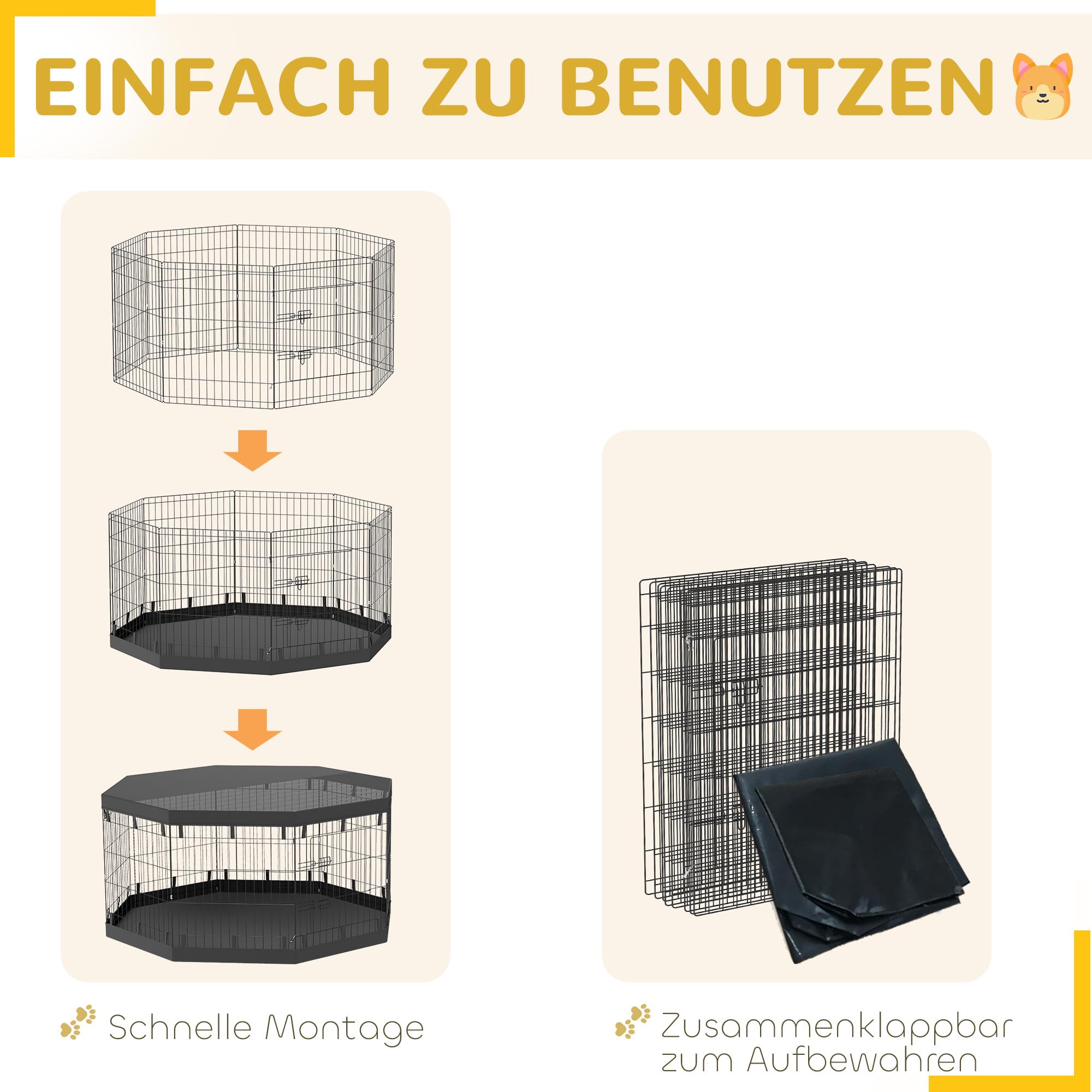 PawHut Welpenauslauf Türen für Hunde unter 20 kg 159 x 159 x 76 cm Schwarz | Welpenlaufstall, Fenster, Laufgitter mit Atmungsaktiv Netz, für kleine & mittelgroße Hunde, Indoor & Outdoor