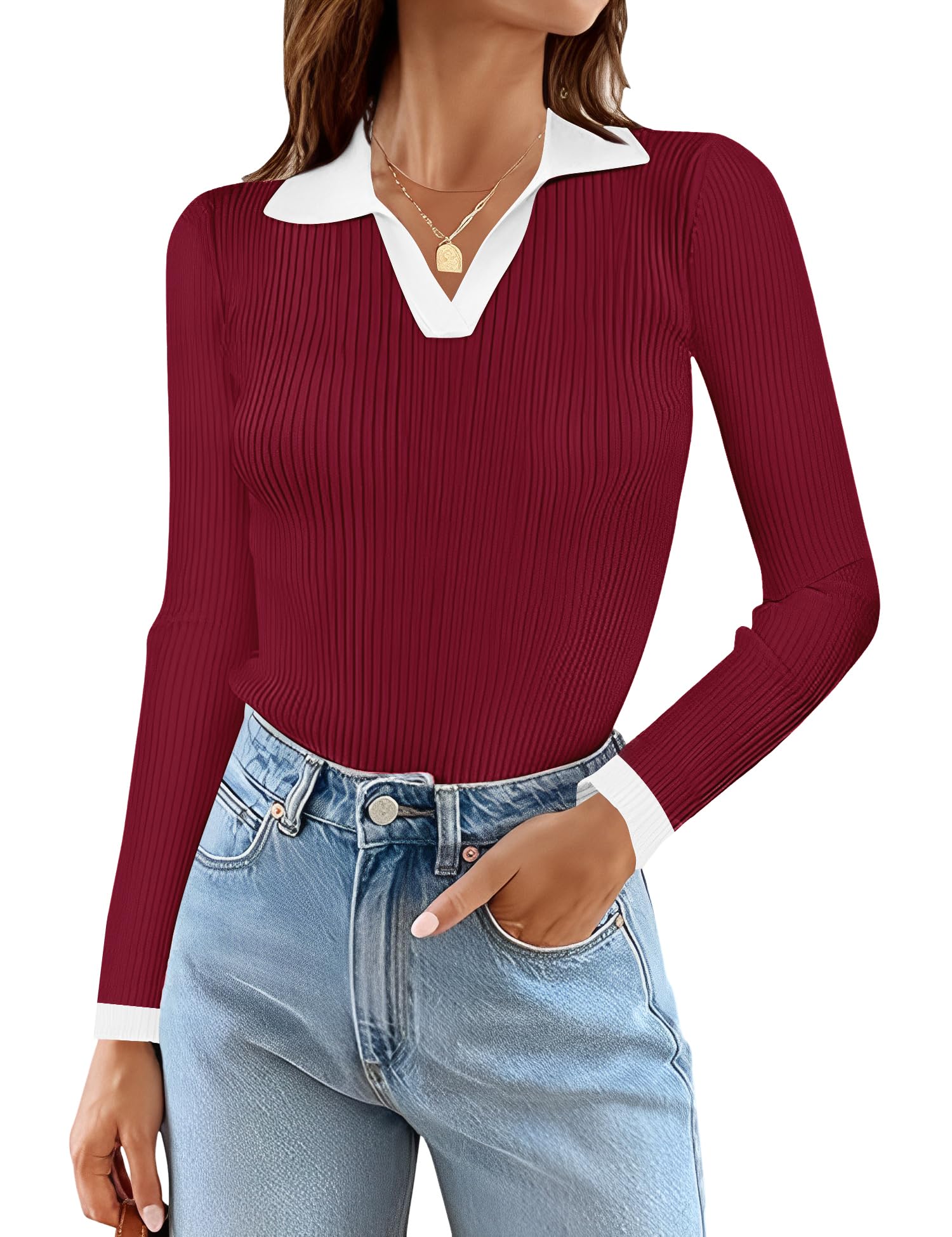 Rapbin Women's V Neck Long Sleeve Ribbed Knit Pullover Sweater Slim Fitted Casual Basic Tee Tops