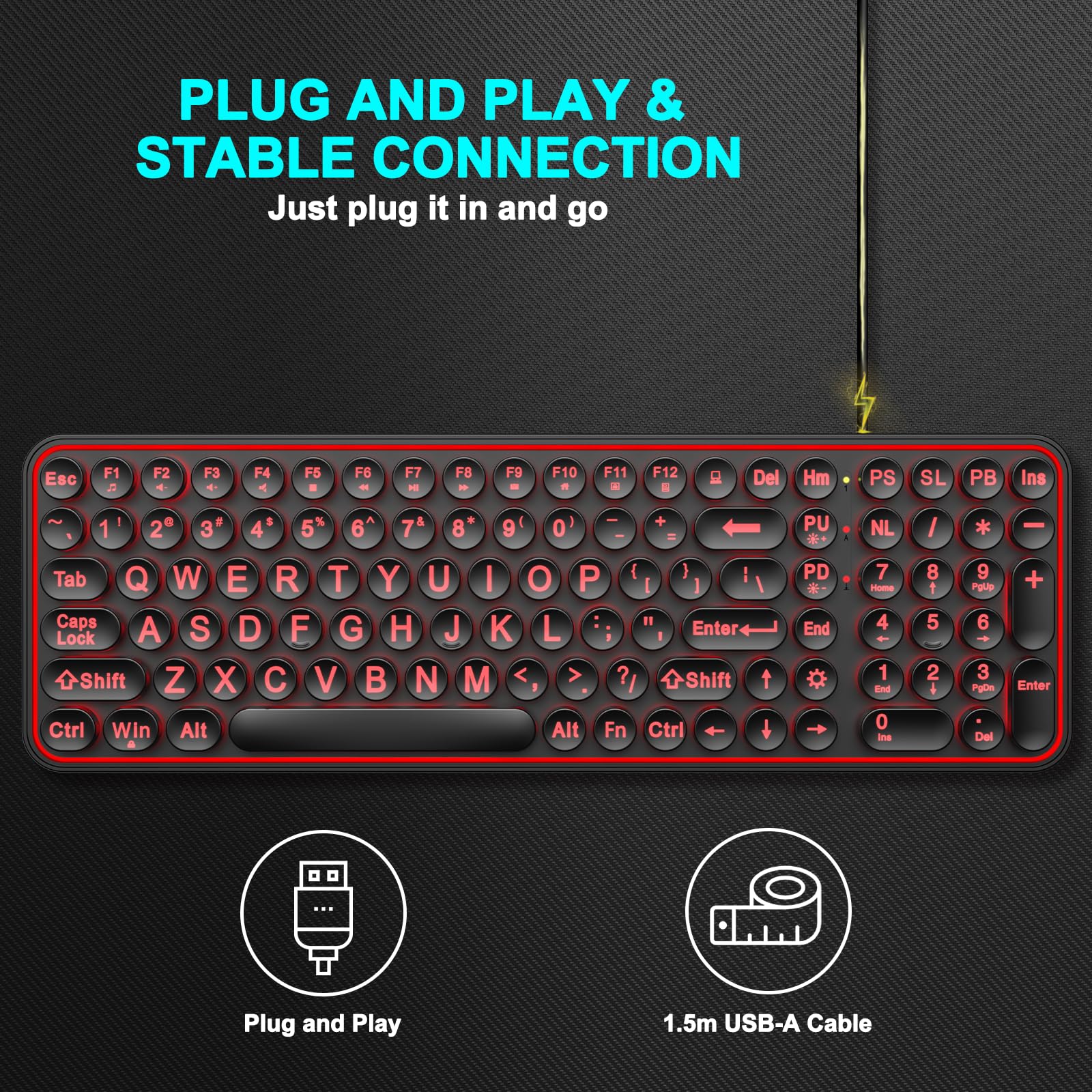 EDJO Large Print Backlit Keyboard,USB Wired Lighted Computer Keyboard with 7-Color Backlit,Oversized Letters,Typewriter Keyboard with Retro Round Key Easy to See for Windows,Desktop,PC,Laptop — view 7
