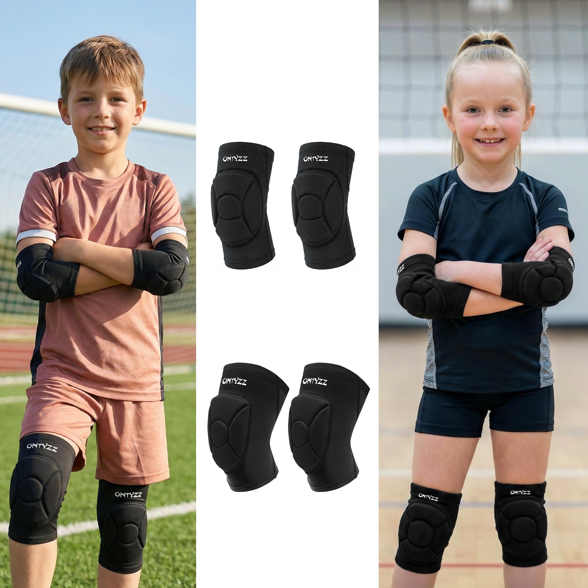 Volleyball Knieschoner Ellbogenschoner Kinder Jugendliche Kompressions-Stützbandage mit Verdickter Polsterung Atmungsaktiv Leicht Schutzausrüstung für Basketball Ringen Fußball Snowboarden Tanz S
