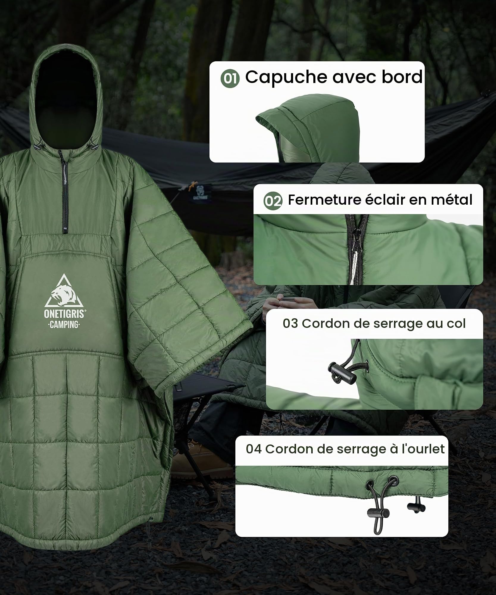 OneTigris Poncho de camping avec isolation Thinsulate 3M, couverture imperméable chaude avec grandes poches, couverture à capuche portable pour extérieur, randonnée, voyage