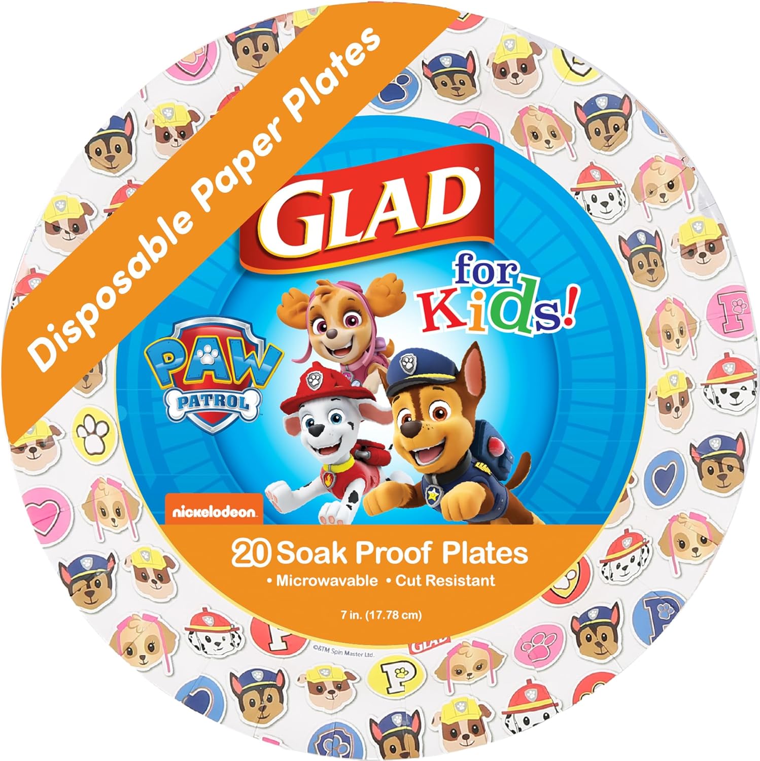 Glad for Kids Paw Patrol Emoji Disposable Paper Plates - Soak Proof, Microwave Safe Snack Plates, Kid Friendly Dinnerware for Everyday Use, 7 Inch, 20 Count Multicolor 7 Inch - 20 Count