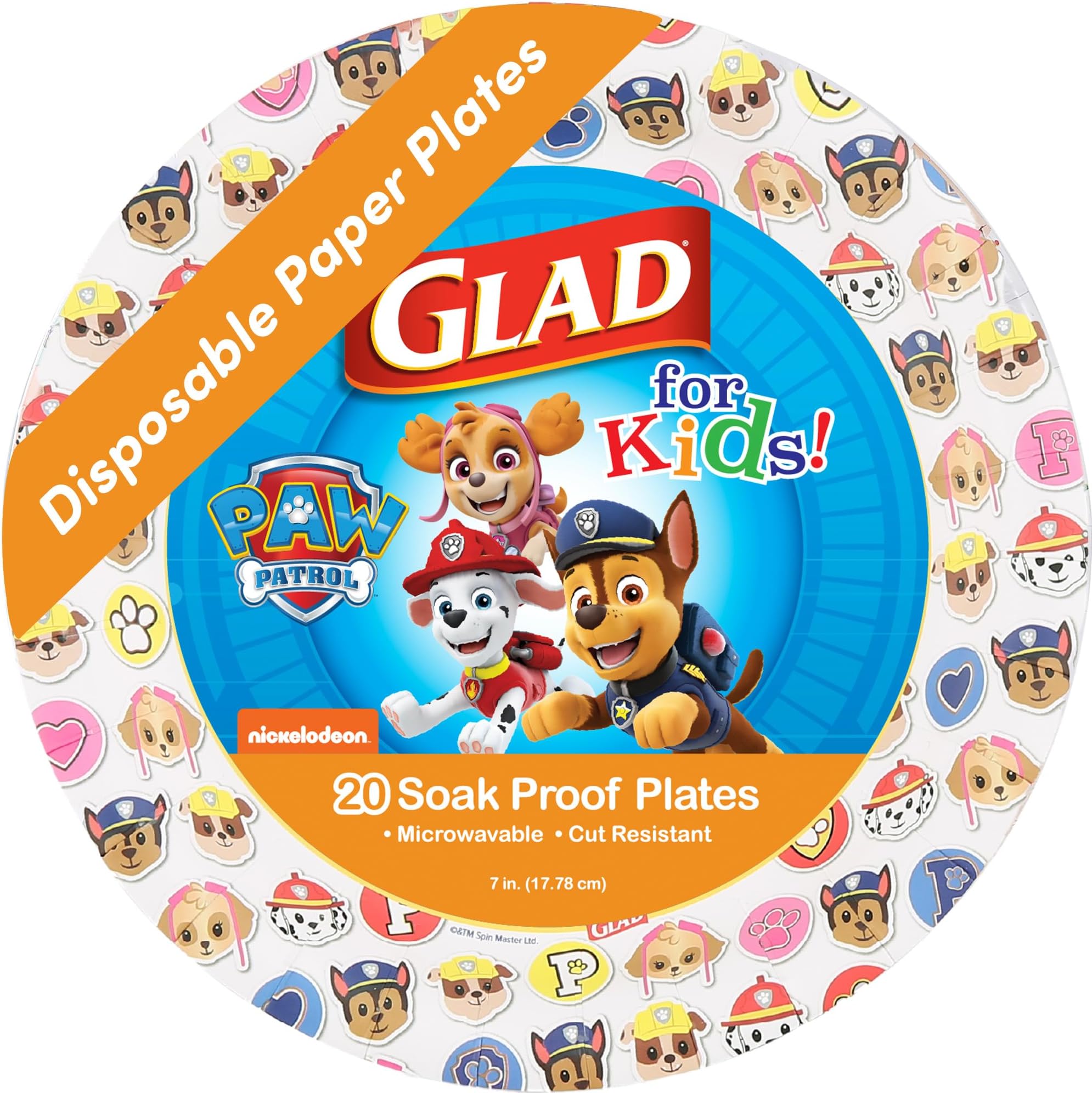 Glad for Kids Paw Patrol Emoji Paper Dispososable Plates | Paw Patrol Plates for Kids | Heavy Duty Disposable Paper Plates, Paw Patrol Emojis 7" Round Plates 20ct| Kids Birthday Party Supplies