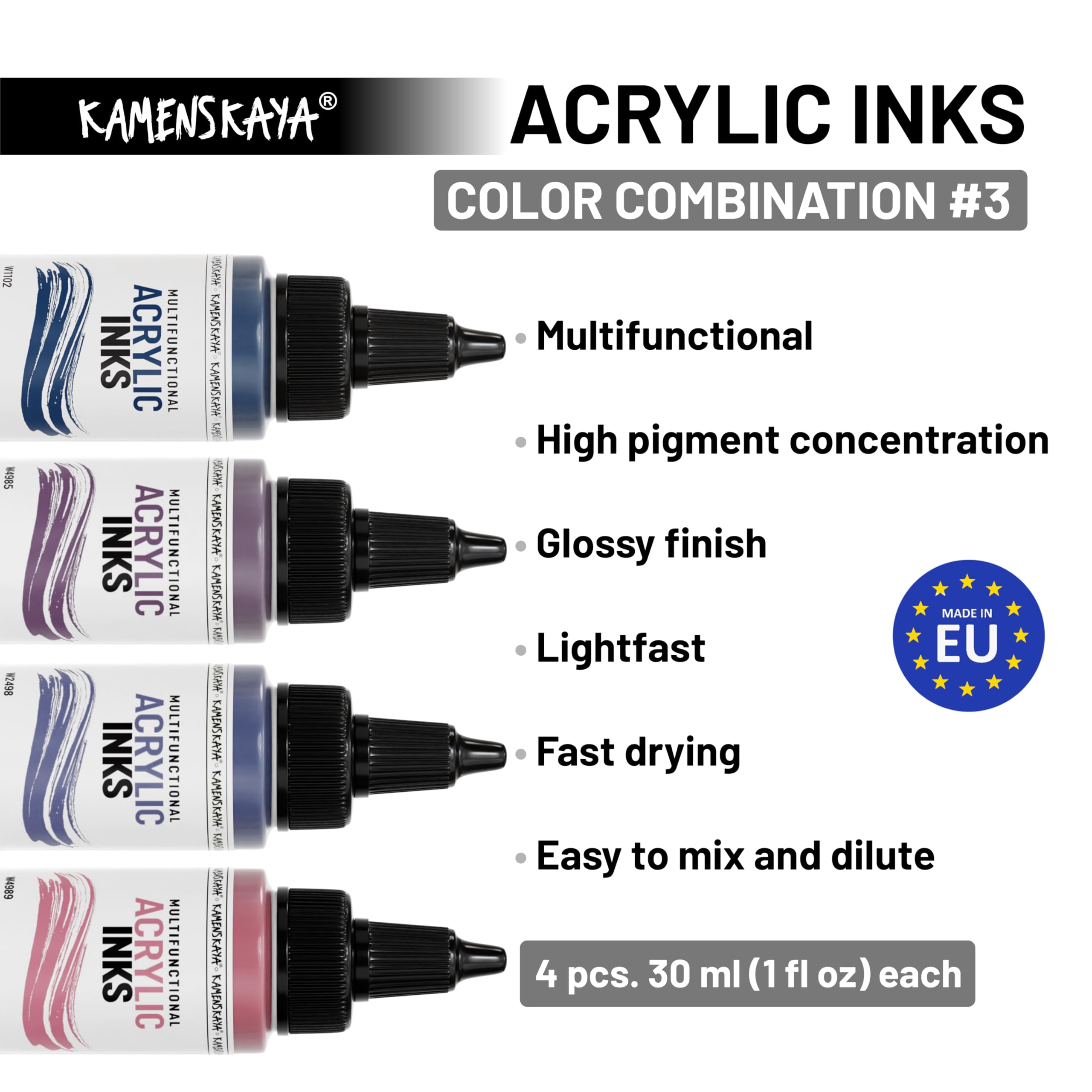 Kamenskaya Acrylic Inks for Artists - Acrylic Ink Set, Color Combination #3-4 pcs. 1 Fl Oz (30 ml) Each, 30 ml (Pack of 4) - Image 3