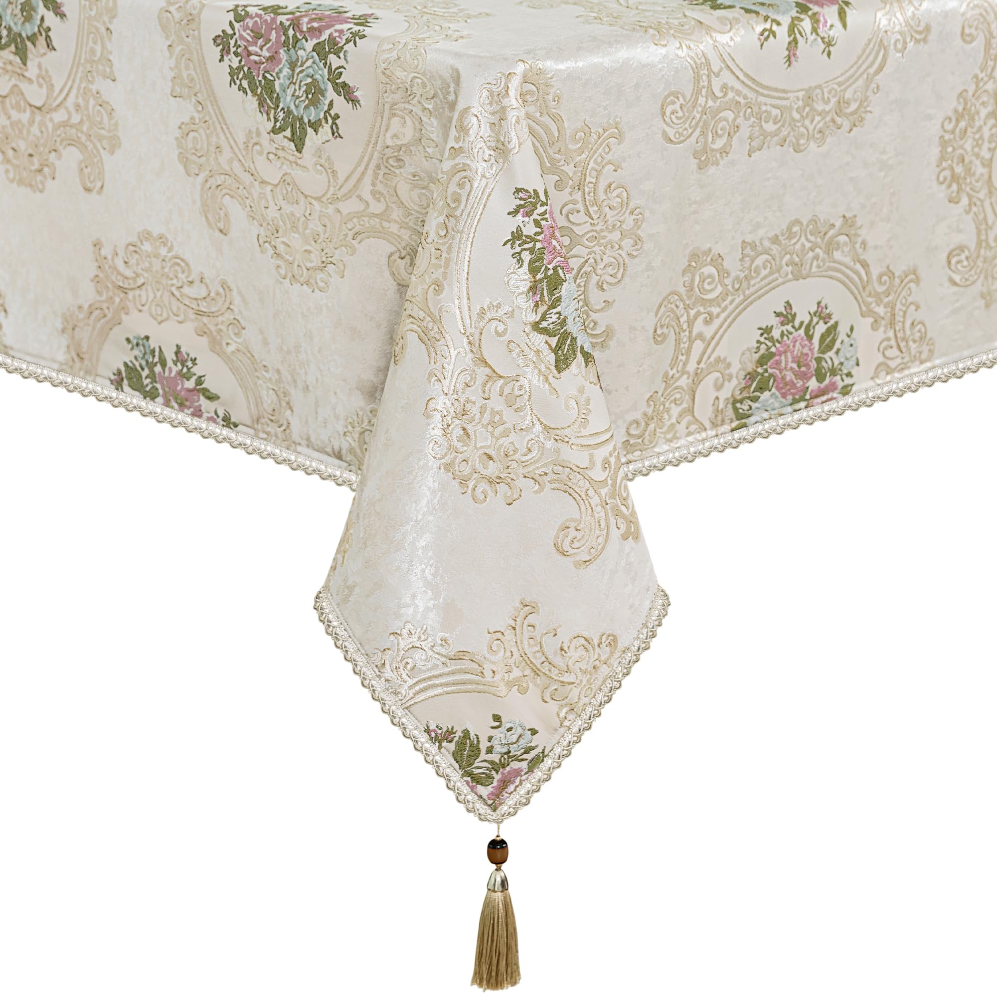 Tovaglia Damascata con Nappe, Tovaglia Rettangolare Decorativa, Copritavolo per Tavolo da Pranzo Cucina Soggiorno Festa (140x200cm, Floreale)